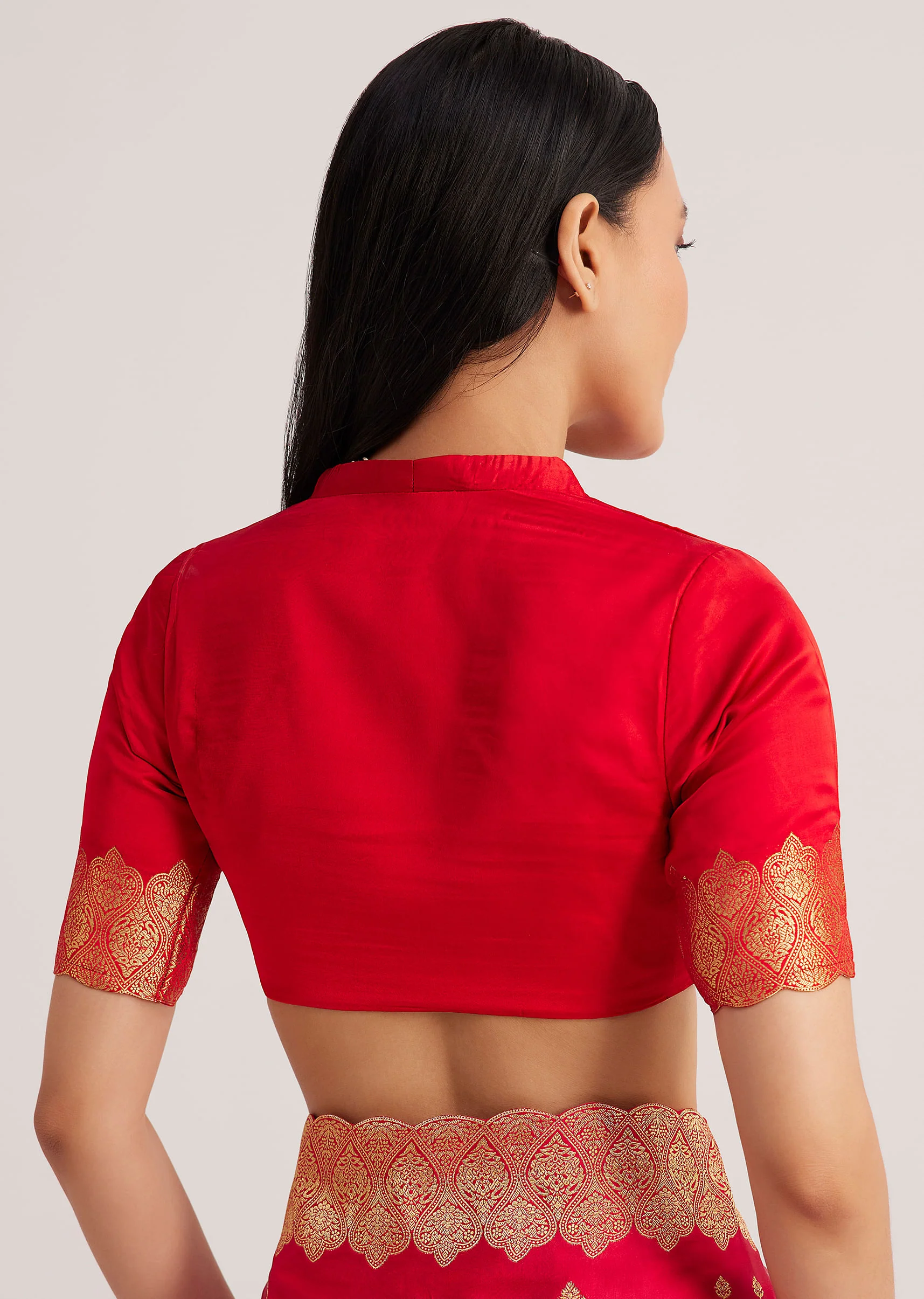 Red Satin Silk Butti Woven Saree With Scallop Brocade Border - Image 8
