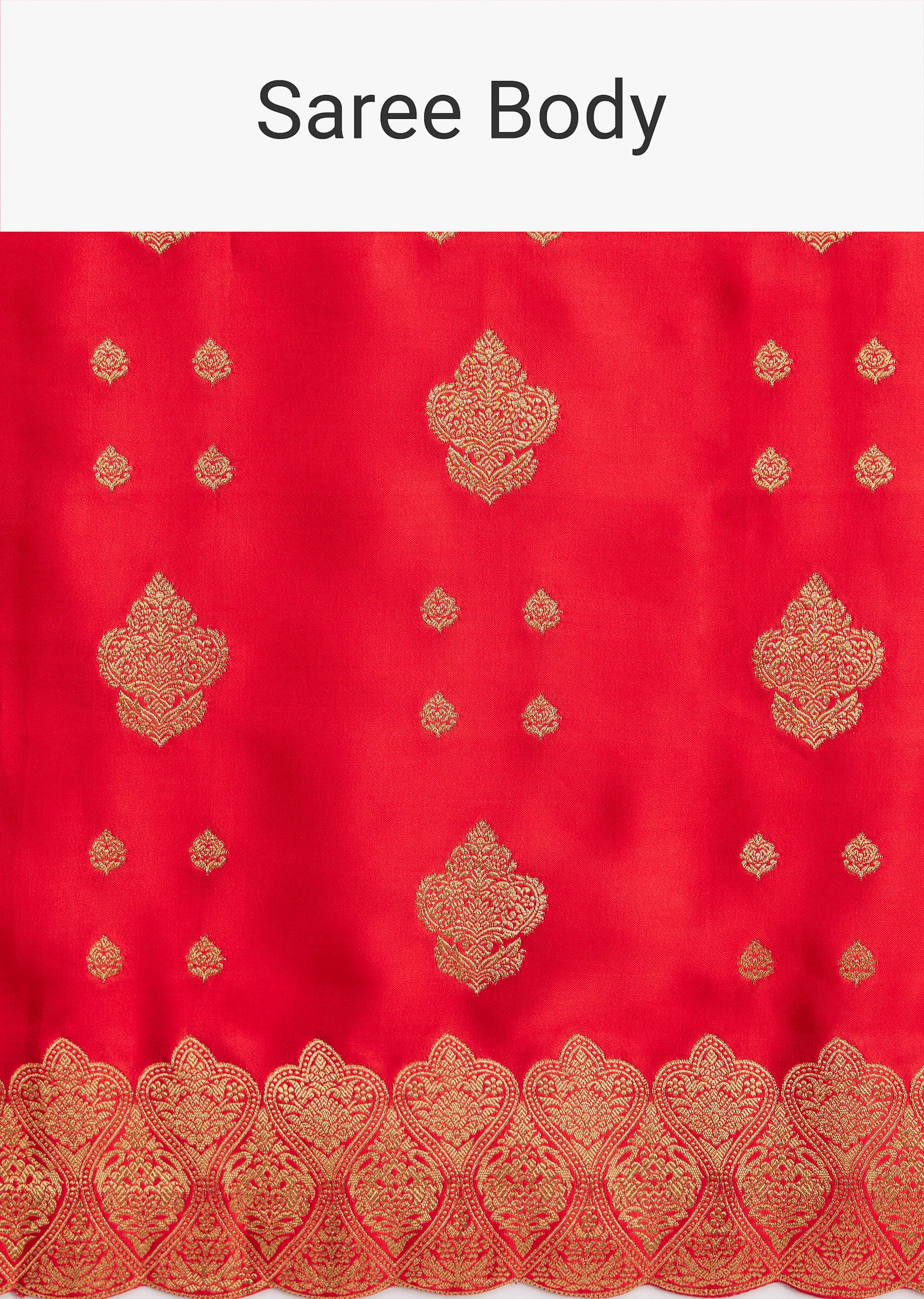 Red Satin Silk Butti Woven Saree With Scallop Brocade Border - Image 9