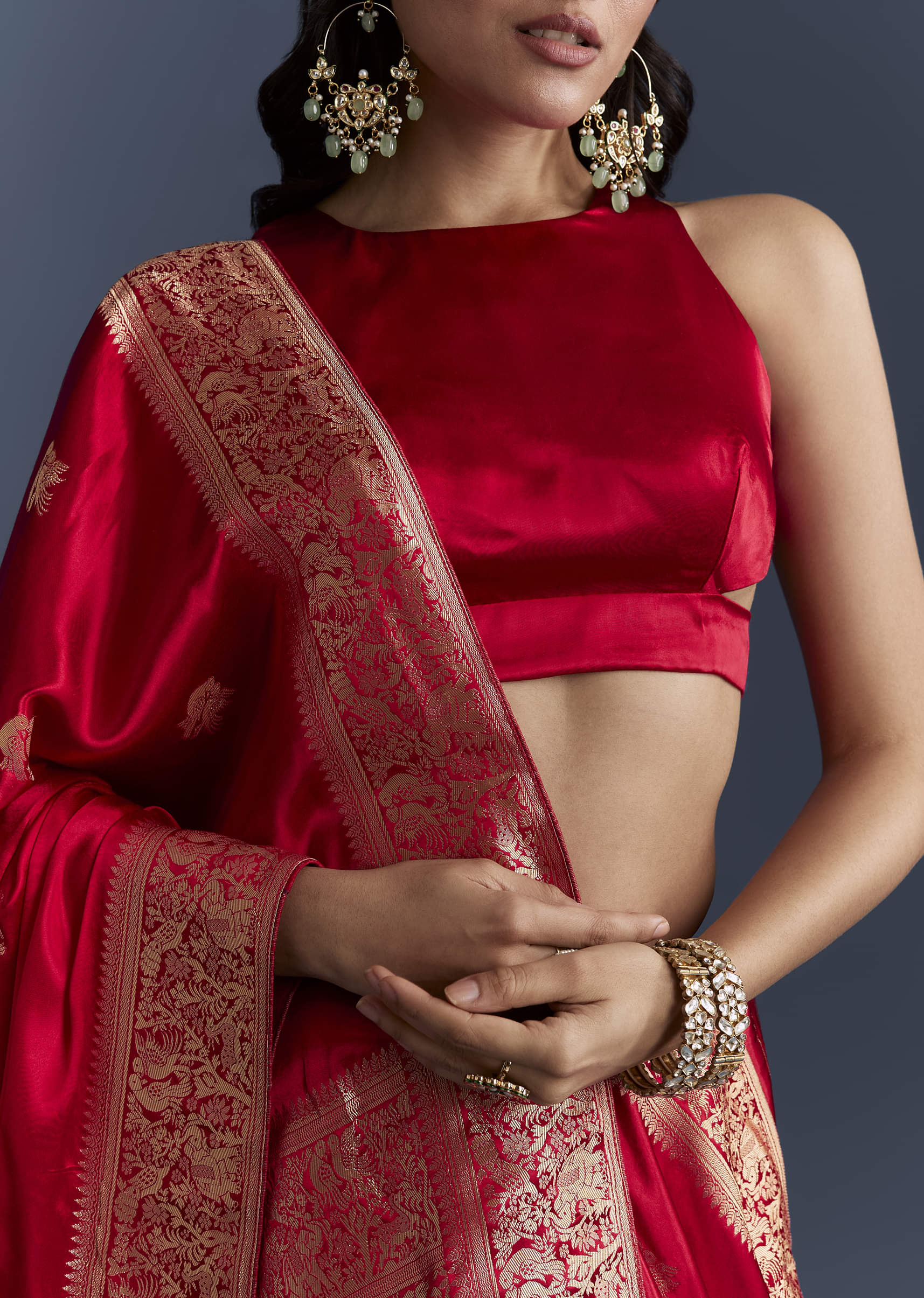 Red Satin Woven Saree With Zari Work - Image 2