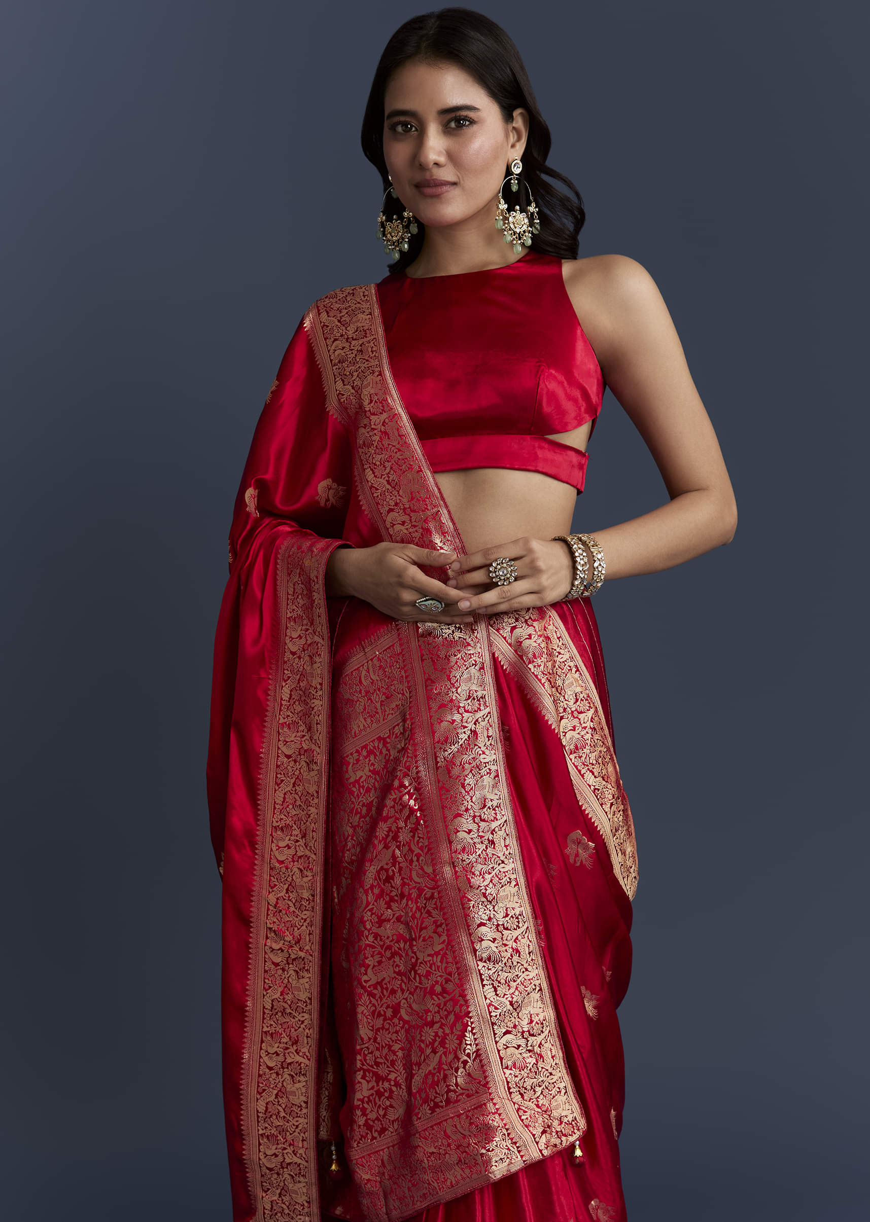 Red Satin Woven Saree With Zari Work - Image 5