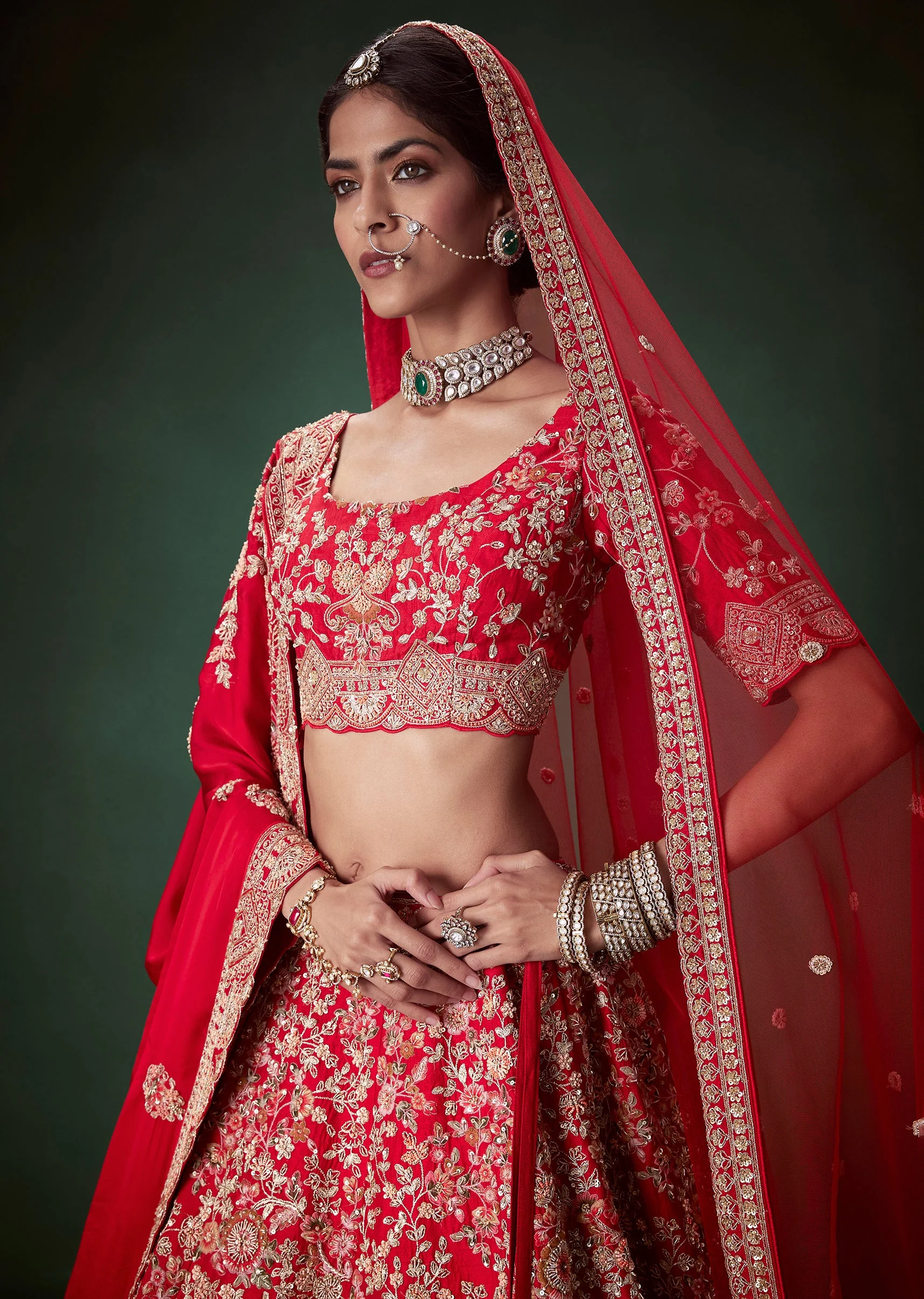Red Sequin and Resham Embellished Bridal Lehenga Set in Silk - Image 3