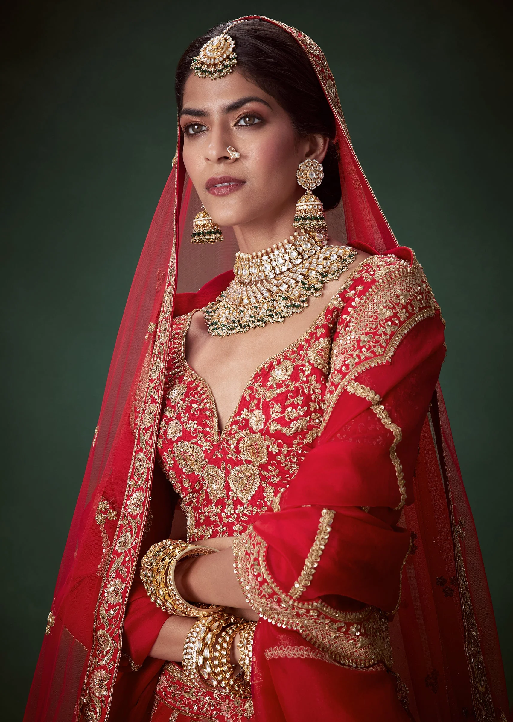 Red Sequin Embellished Bridal Lehenga Set in Silk - Image 7