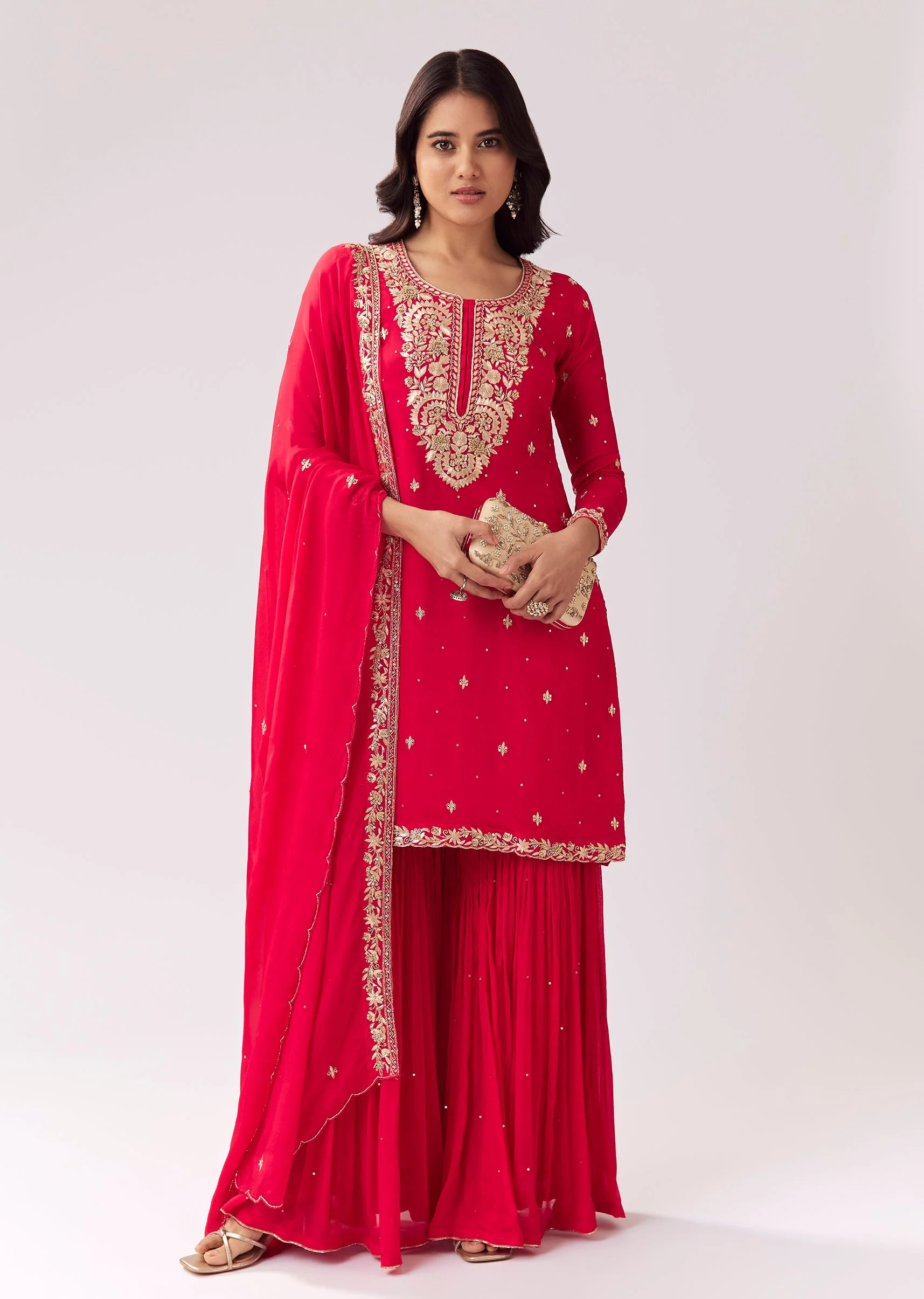 Red Sharara Set With Zari Sequin Detailing