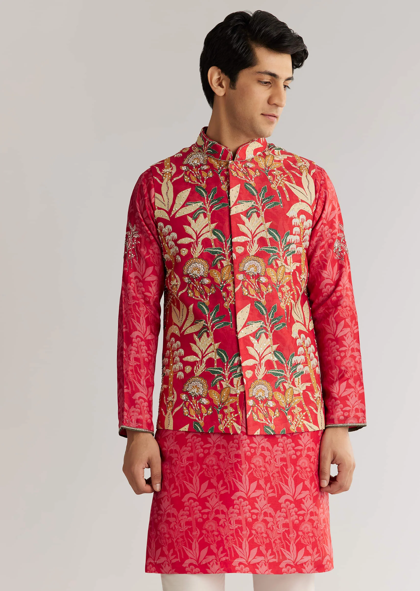 Red Silk 3D Crystal Pearl Floral Kurta Jacket Set - Image 2