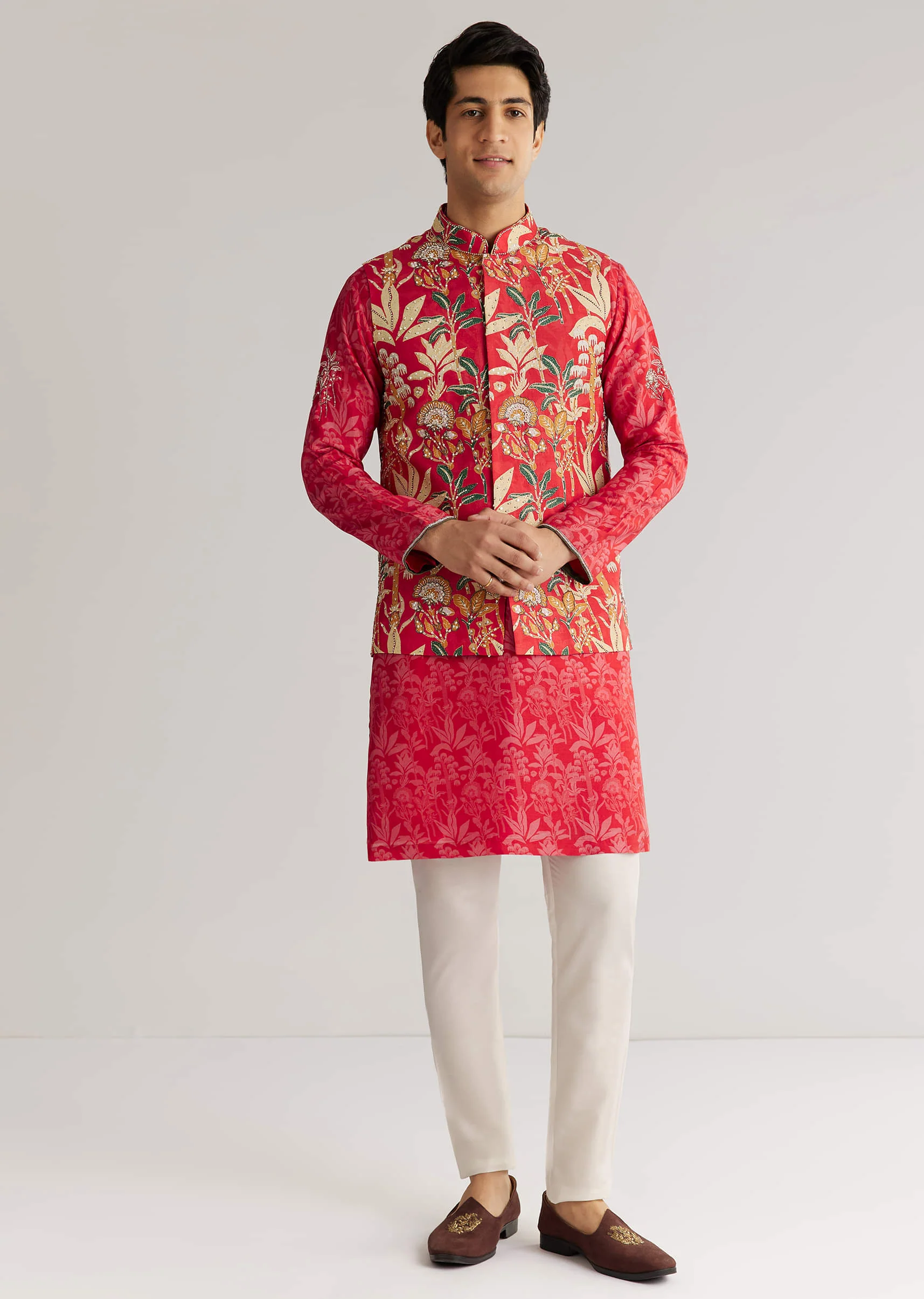 Red Silk 3D Crystal Pearl Floral Kurta Jacket Set - Image 3
