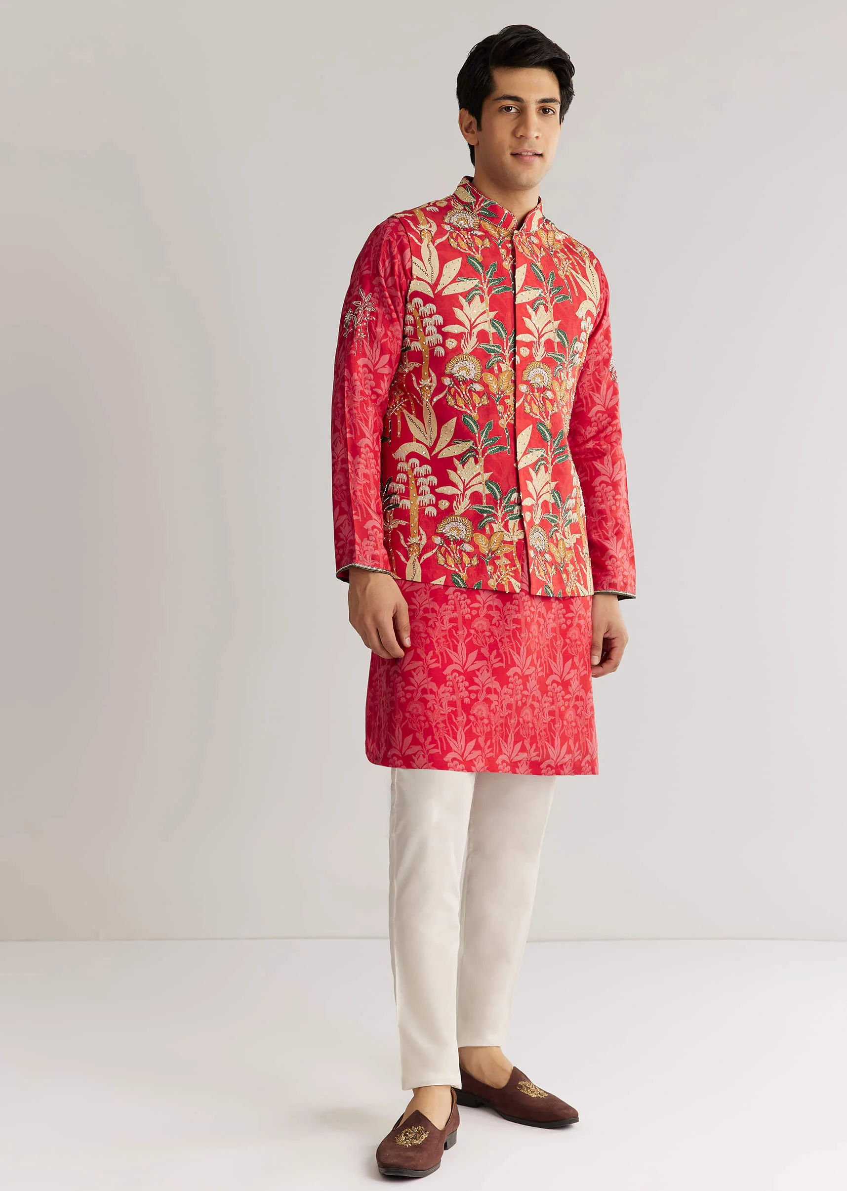 Red Silk 3D Crystal Pearl Floral Kurta Jacket Set - Image 5
