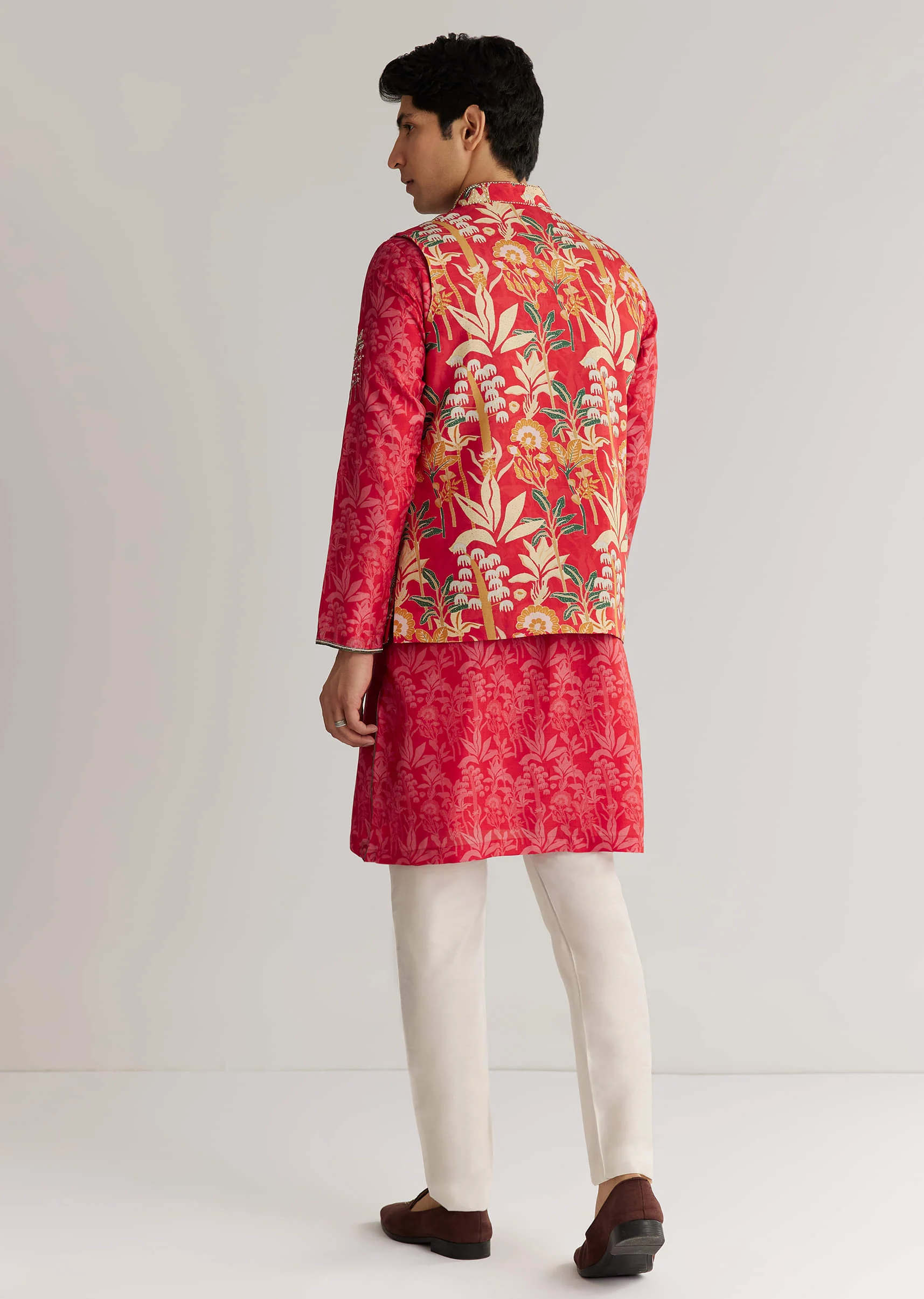 Red Silk 3D Crystal Pearl Floral Kurta Jacket Set - Image 6