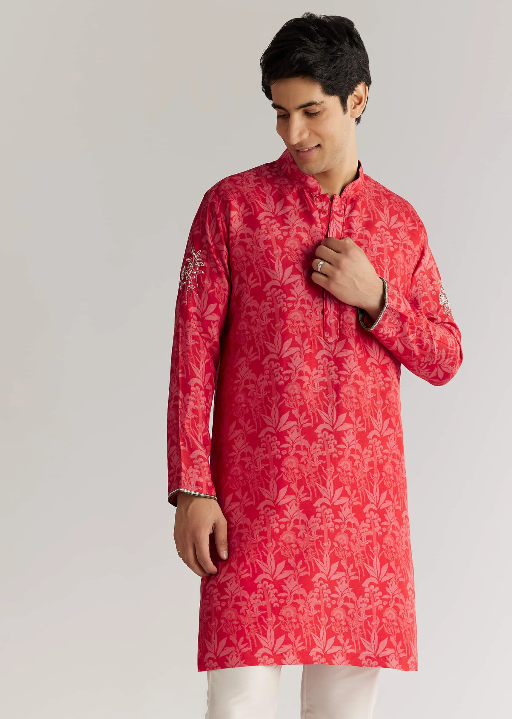 Red Silk 3D Crystal Pearl Floral Kurta Jacket Set - Image 7