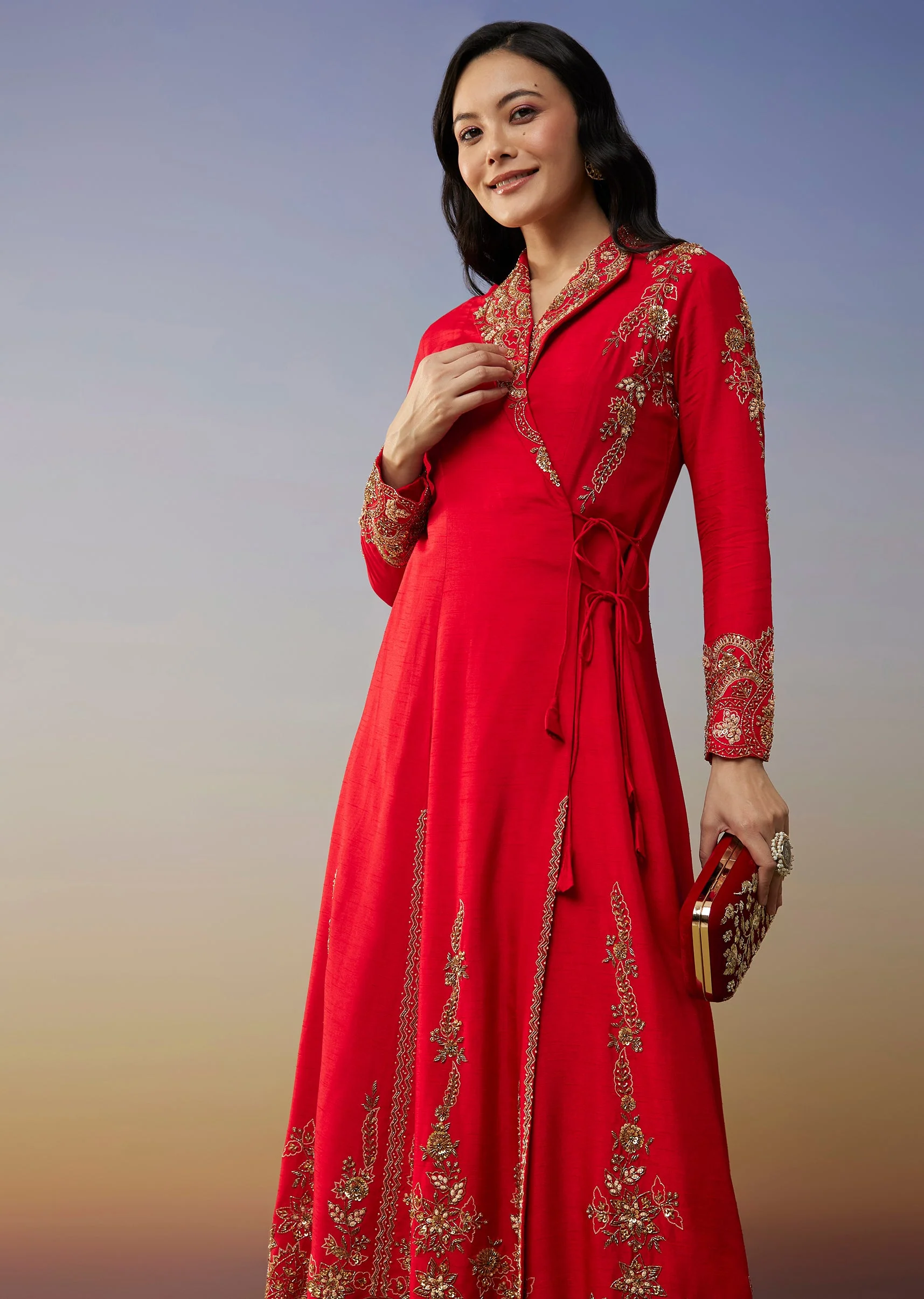 Red Silk Anarkali Suits with Cut Dana Sequins Work - Image 4
