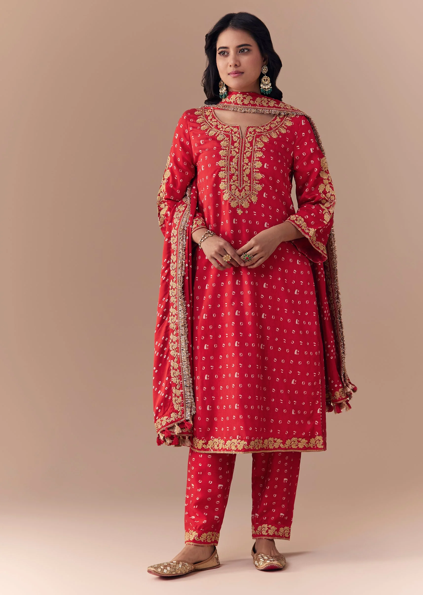 Red Silk Bandhani Print Kurta Set - Image 3
