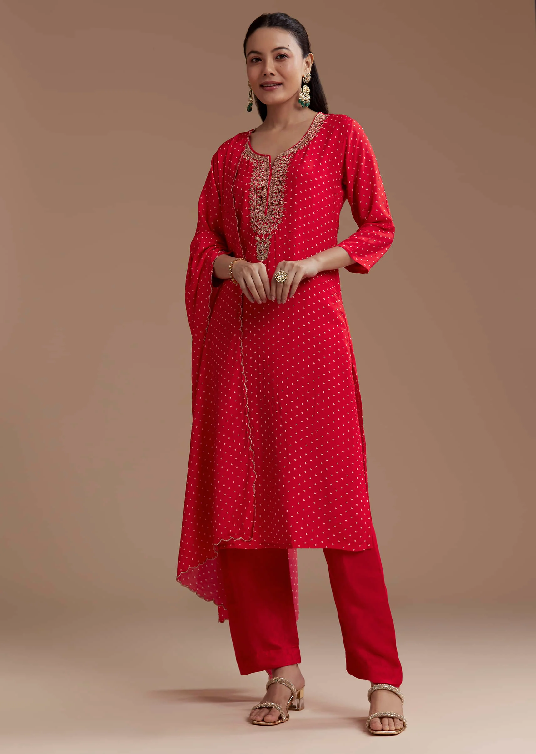 Red Silk Bandhani Print Kurta Set with Zari Work - Image 2