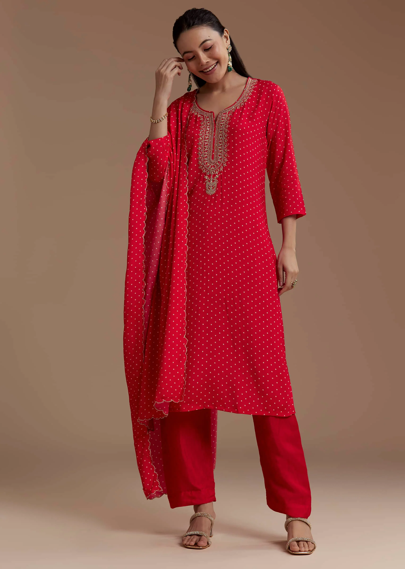 Red Silk Bandhani Print Kurta Set with Zari Work - Image 4