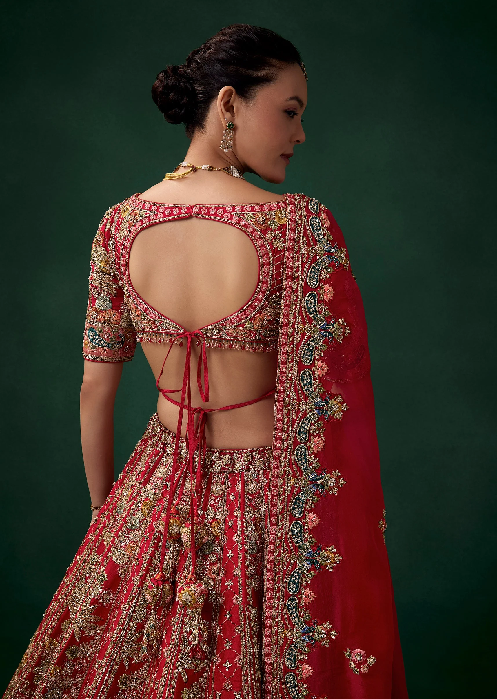 Red Silk Bridal Lehenga Set wit Zari Work - Image 5