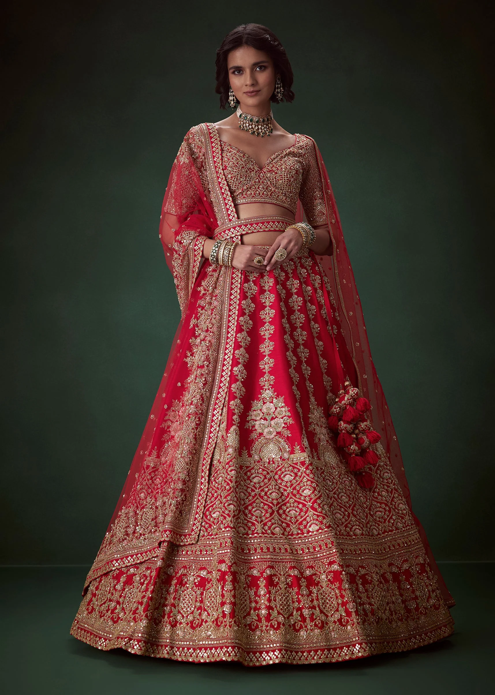Red Silk Bridal Lehenga Set with Two Dupattas - Image 4