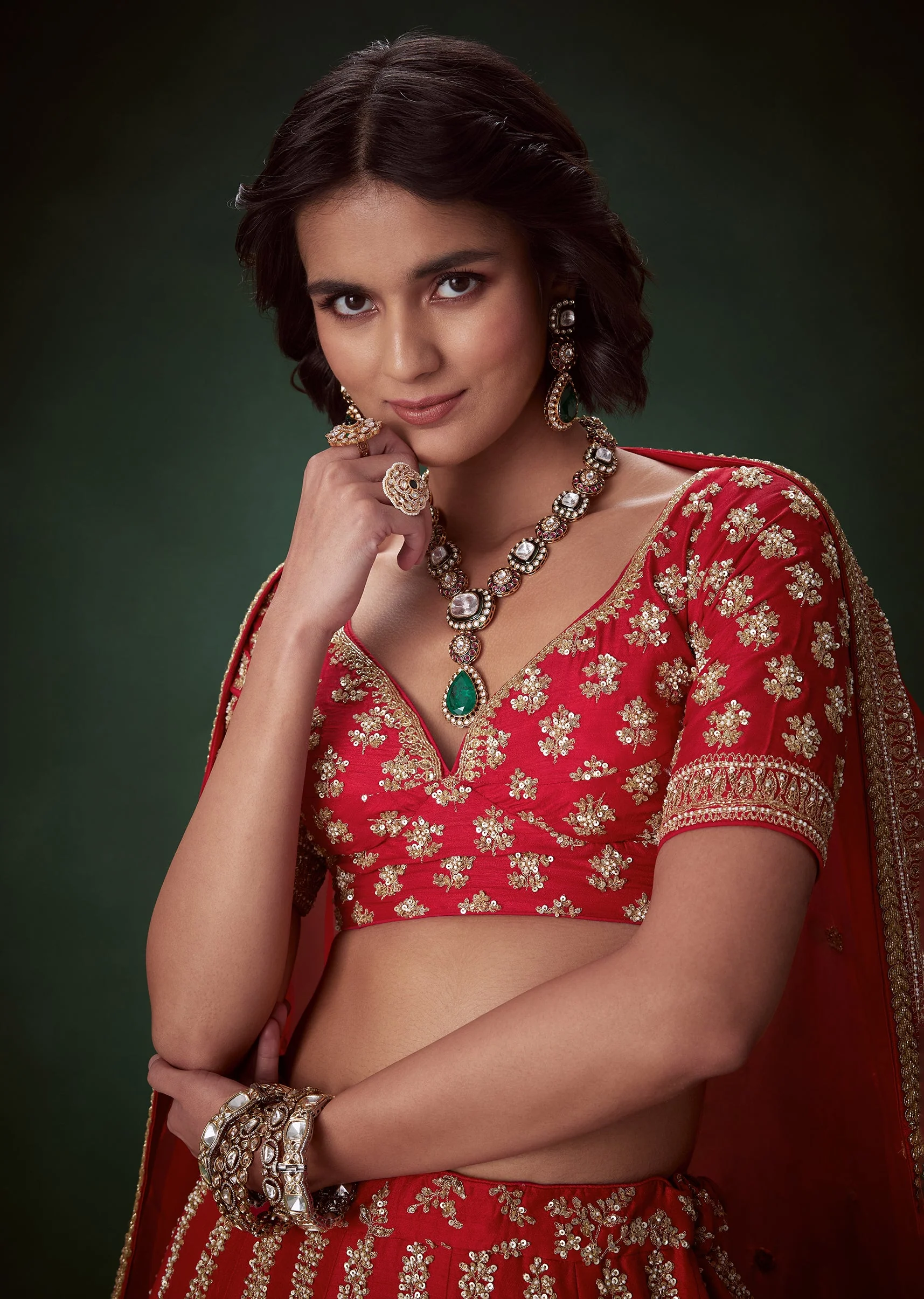 Red Silk Bridal Lehenga Set with Zari and Beads - Image 3