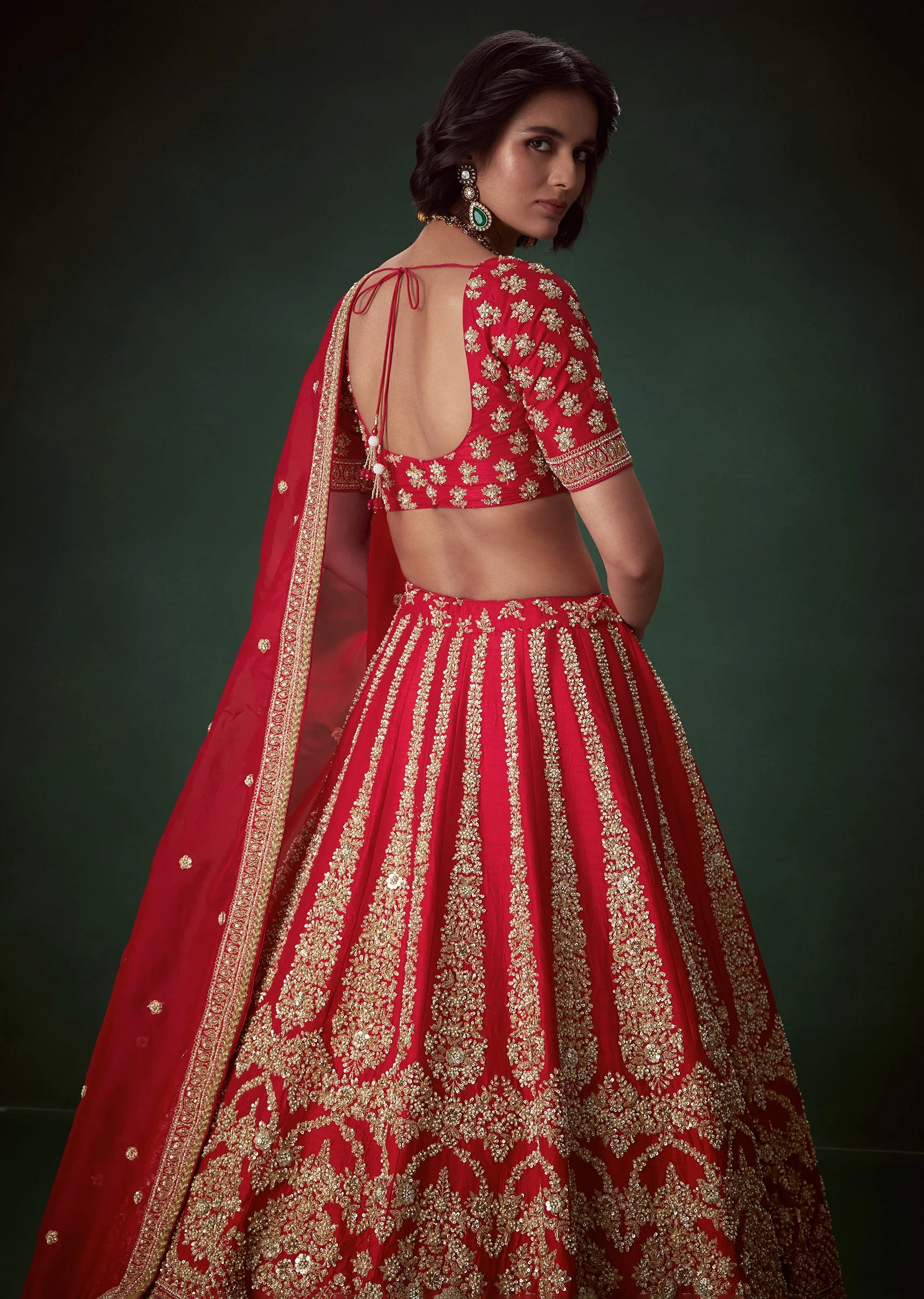 Red Silk Bridal Lehenga Set with Zari and Beads - Image 5