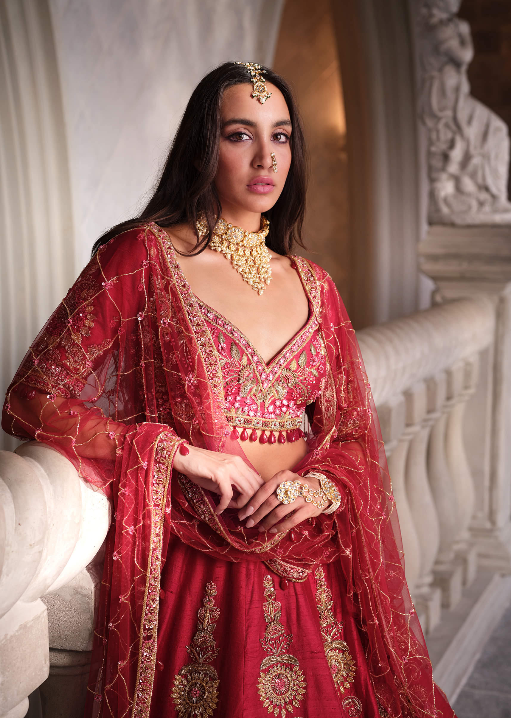 Red Silk Bridal Lehenga With Heavy Zardosi Work and Embroidery - Image 4
