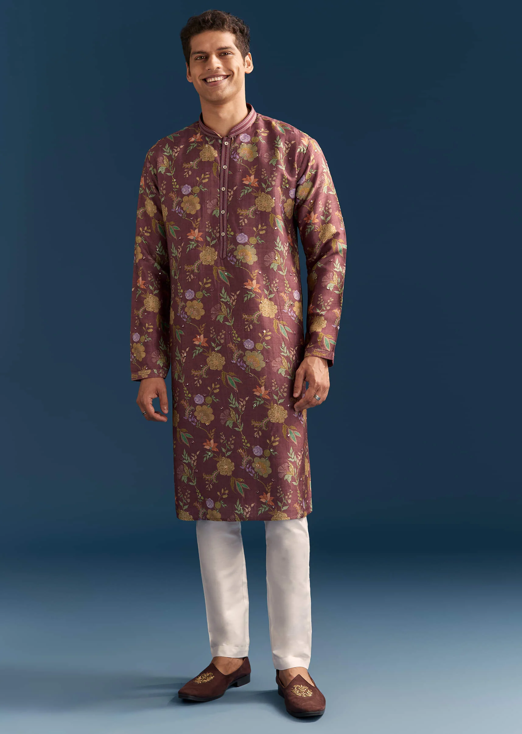 Red Silk Floral Kurta Set For Men With Mirror Embroidery - Image 2