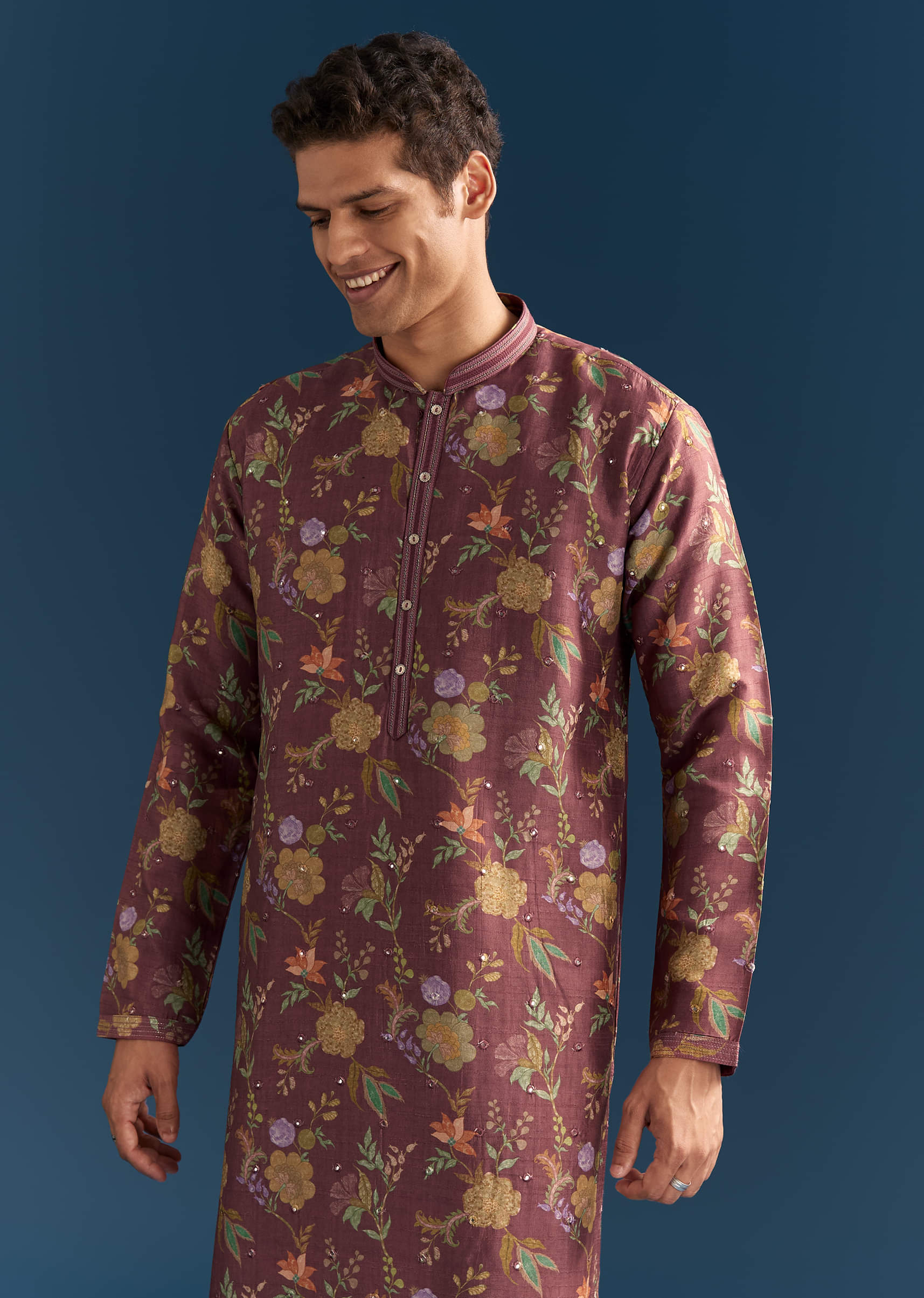 Red Silk Floral Kurta Set For Men With Mirror Embroidery - Image 3