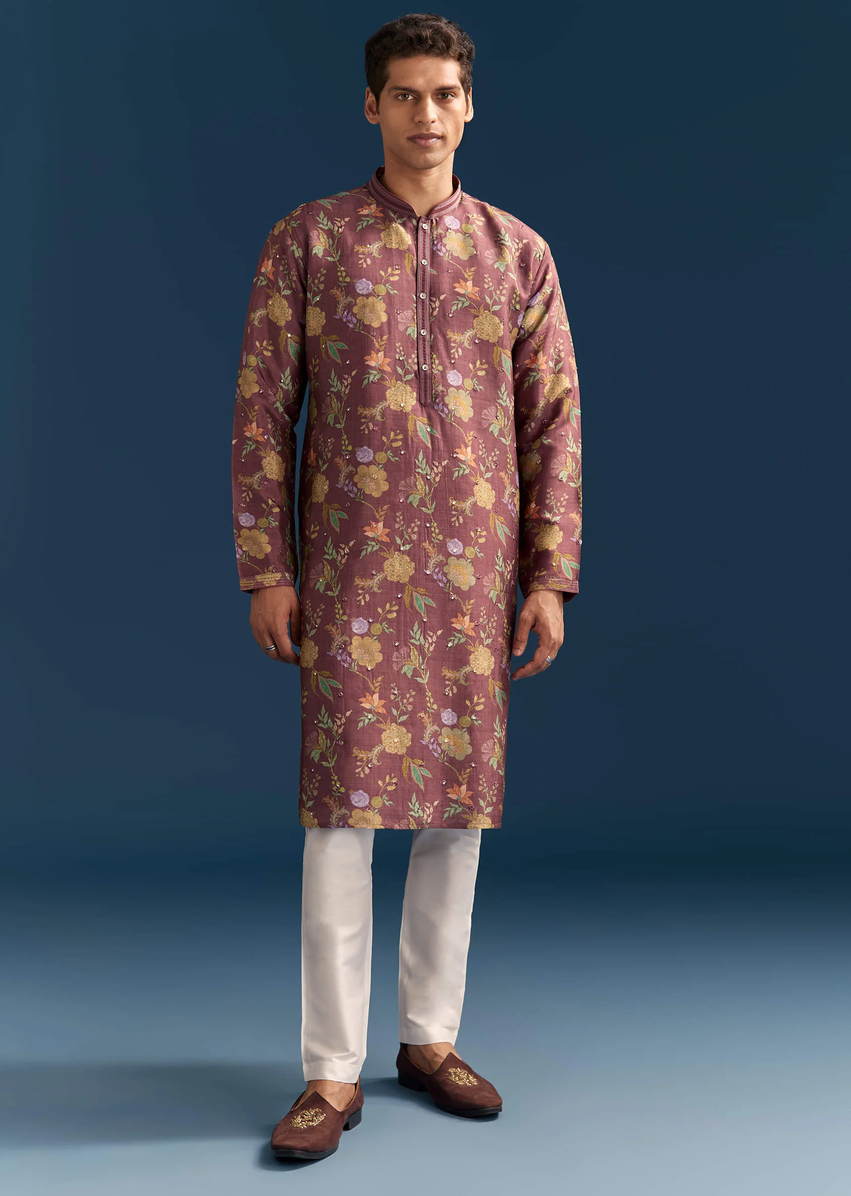 Red Silk Floral Kurta Set For Men With Mirror Embroidery - Image 4