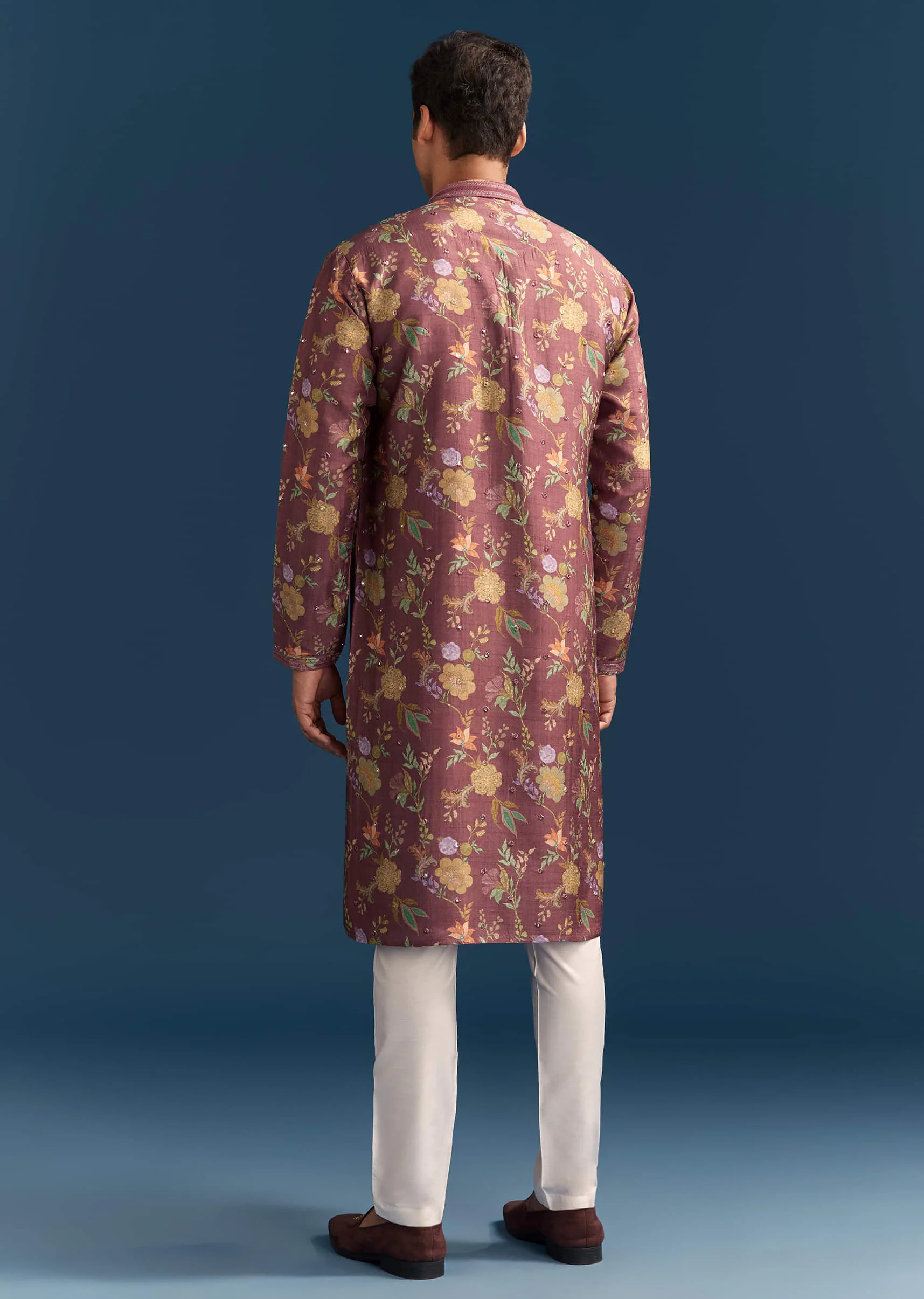 Red Silk Floral Kurta Set For Men With Mirror Embroidery - Image 5