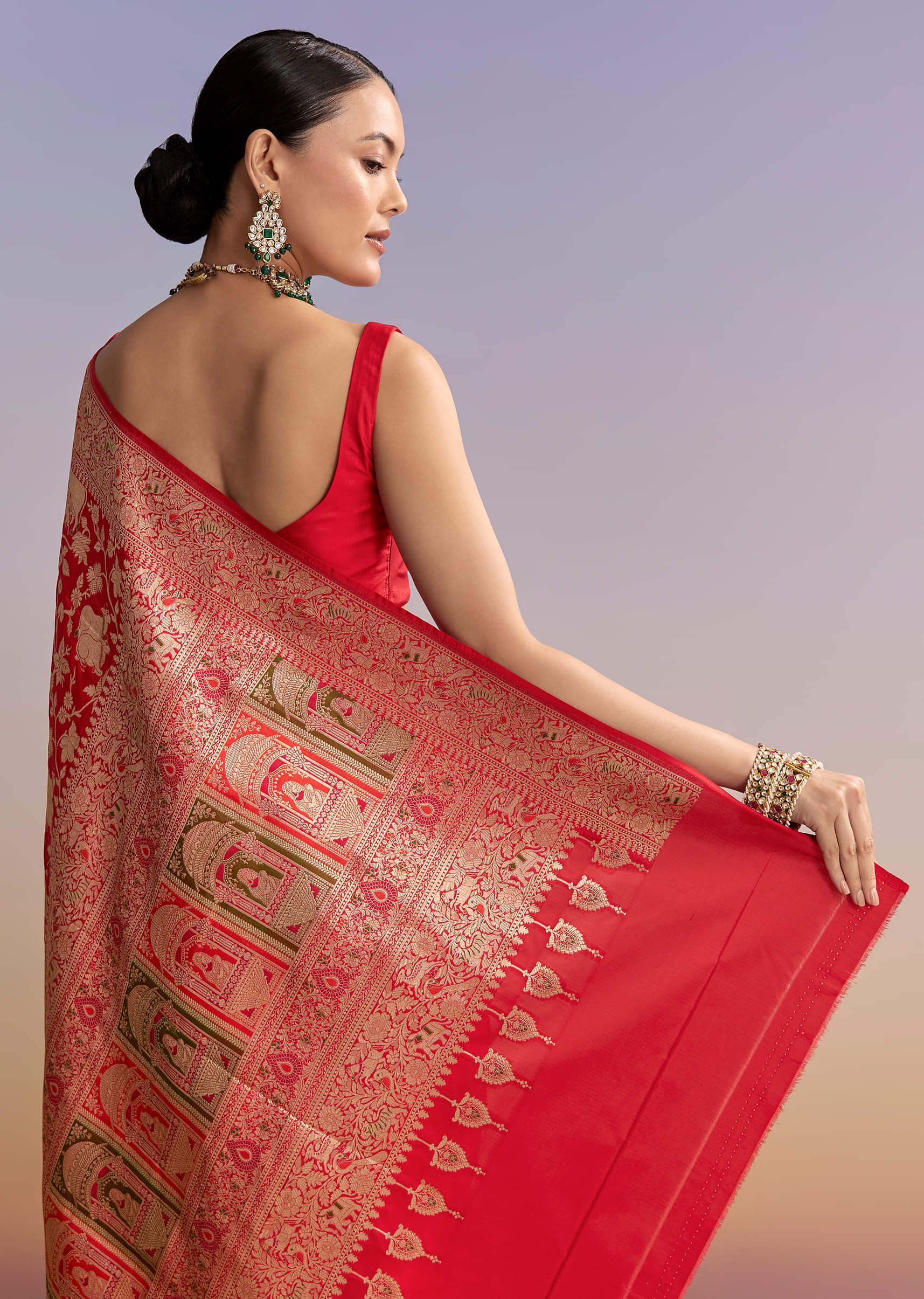 Red Silk Handwoven Banarasi Saree With Floral Zari Jaal Work - Image 6