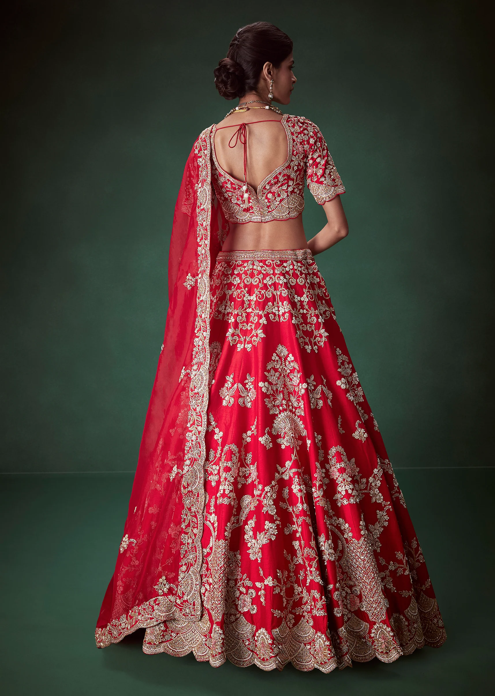 Red Silk Heavy Work Bridal Lehenga Set with Two Dupattas - Image 2