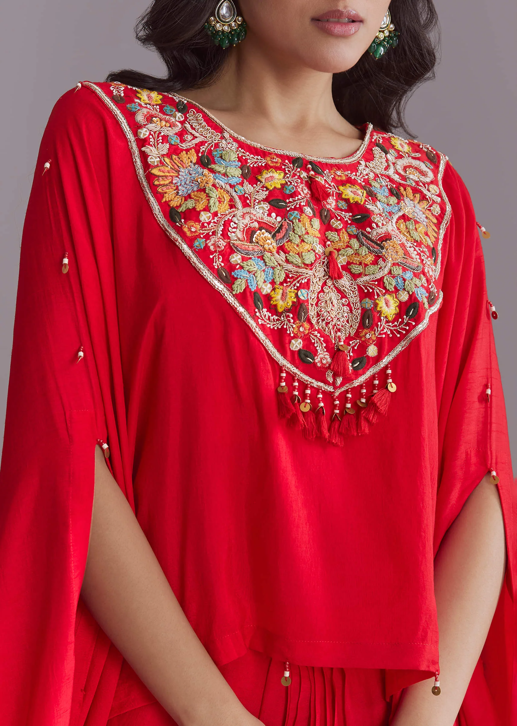 Red Silk Kaftan Top And Drape Skirt Set With Embroidery - Image 2
