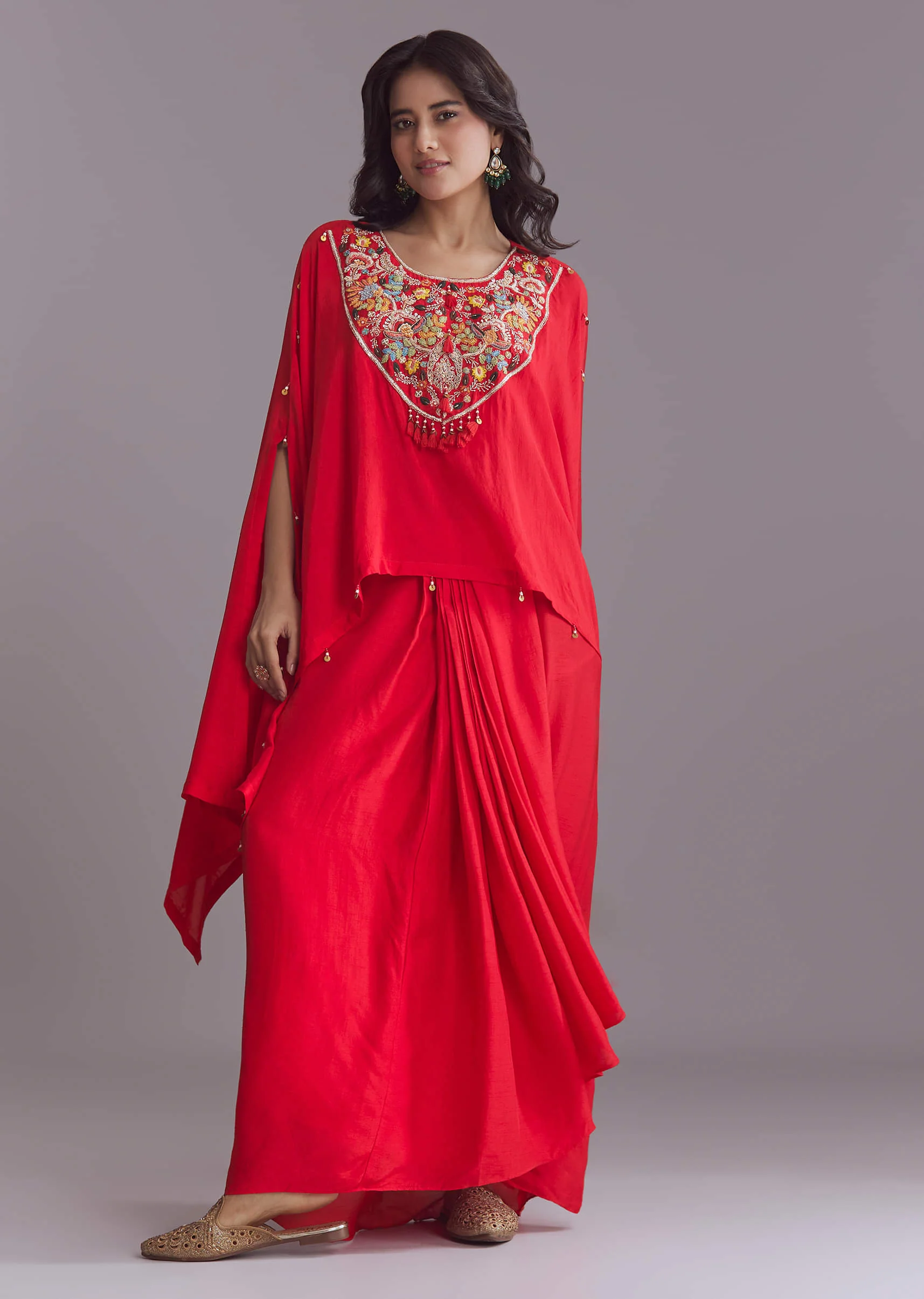 Red Silk Kaftan Top And Drape Skirt Set With Embroidery - Image 3