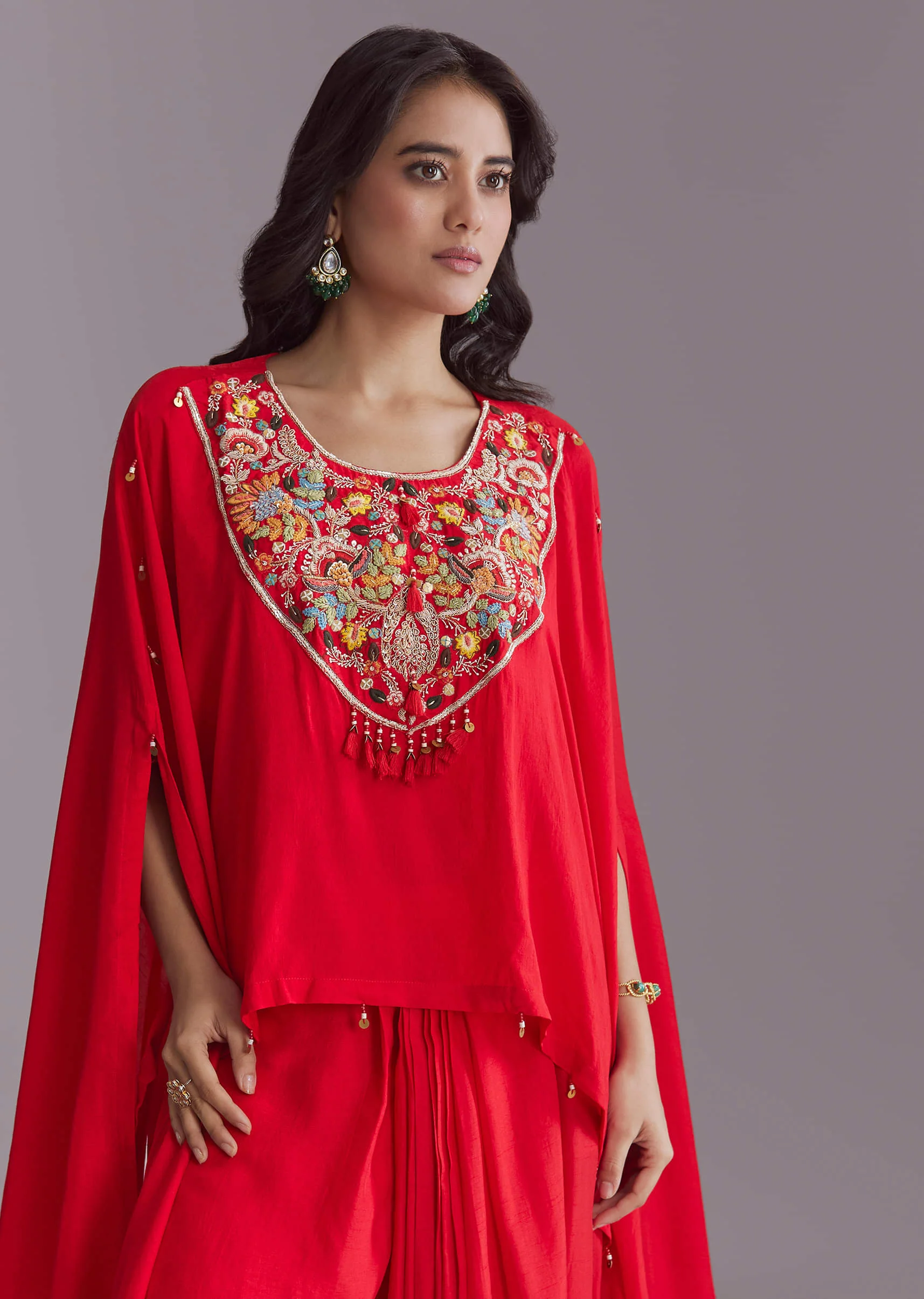 Red Silk Kaftan Top And Drape Skirt Set With Embroidery - Image 4