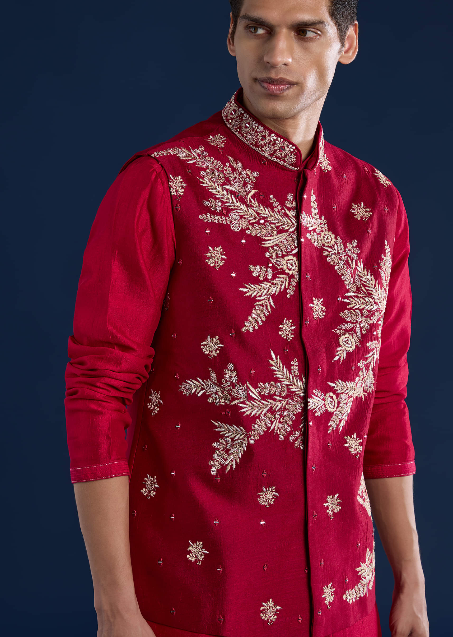 Red Silk Kurta and Jacket Set with Mirror Work - Image 2