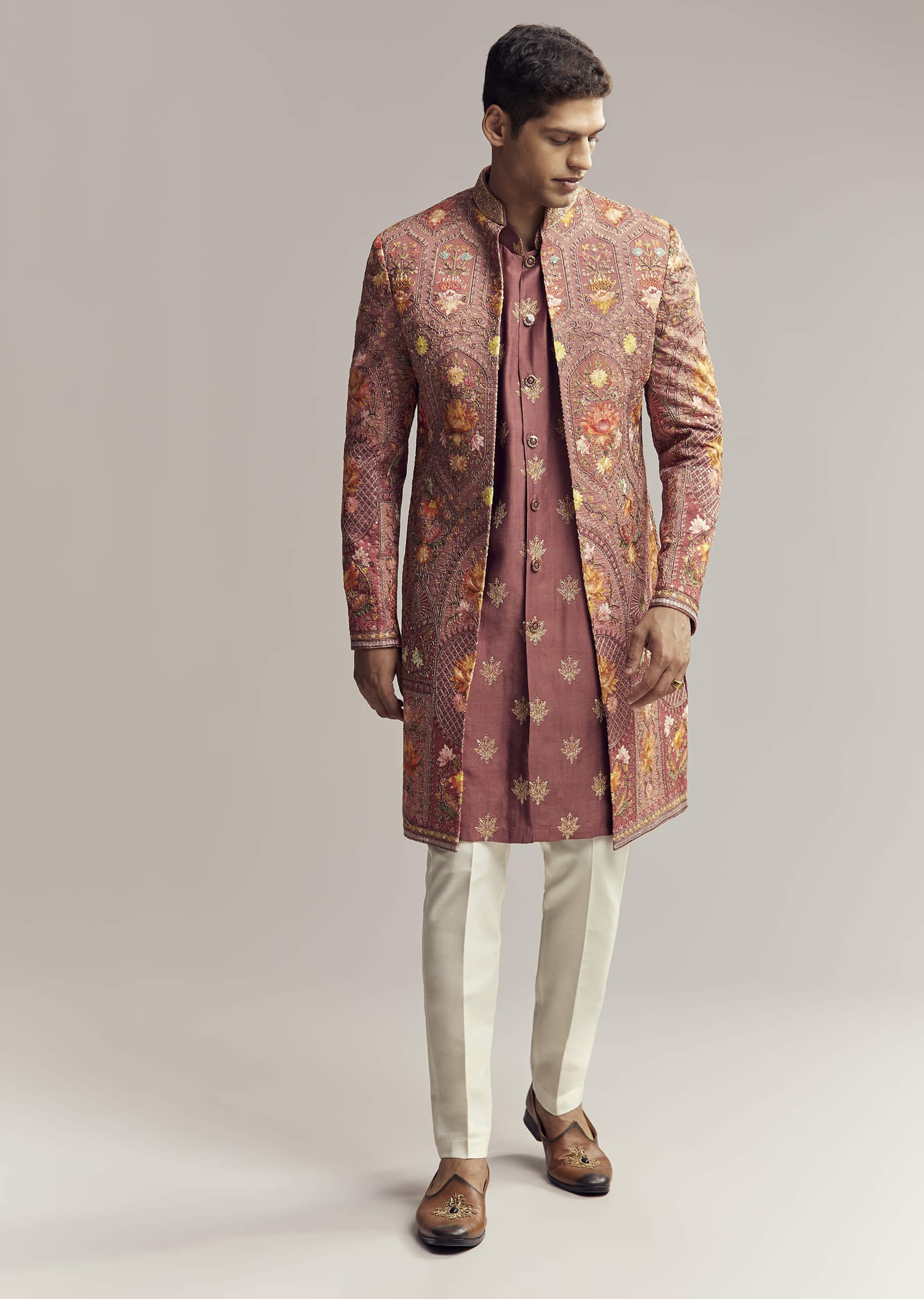 Red Silk Kurta Jacket Set For Men With Open Jacket Style - Image 3
