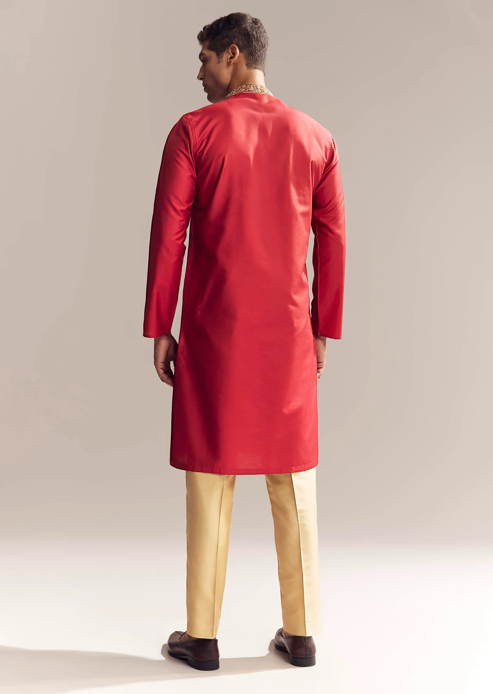 Red Silk Kurta Set For Men With Aari And Resham Knots - Image 5