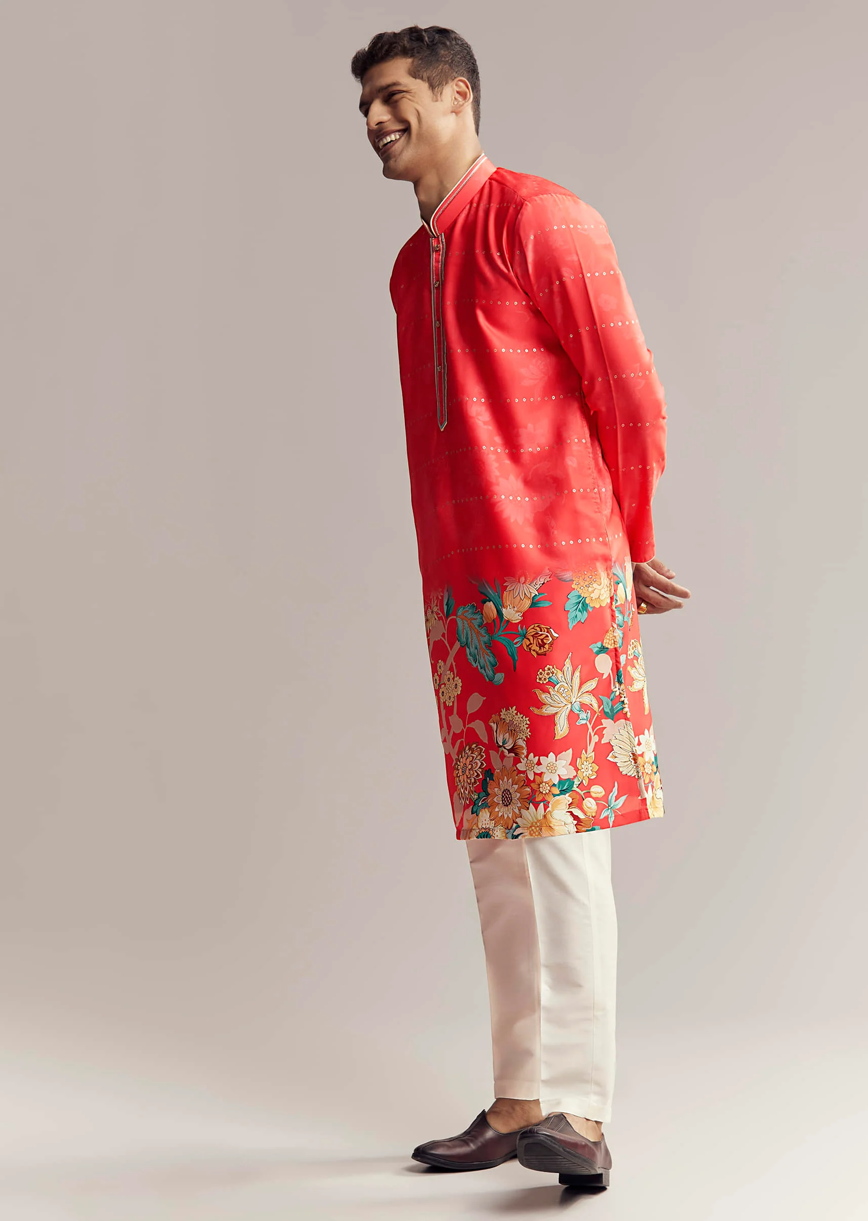 Red Silk Kurta Set For Men With Floral Print - Image 3