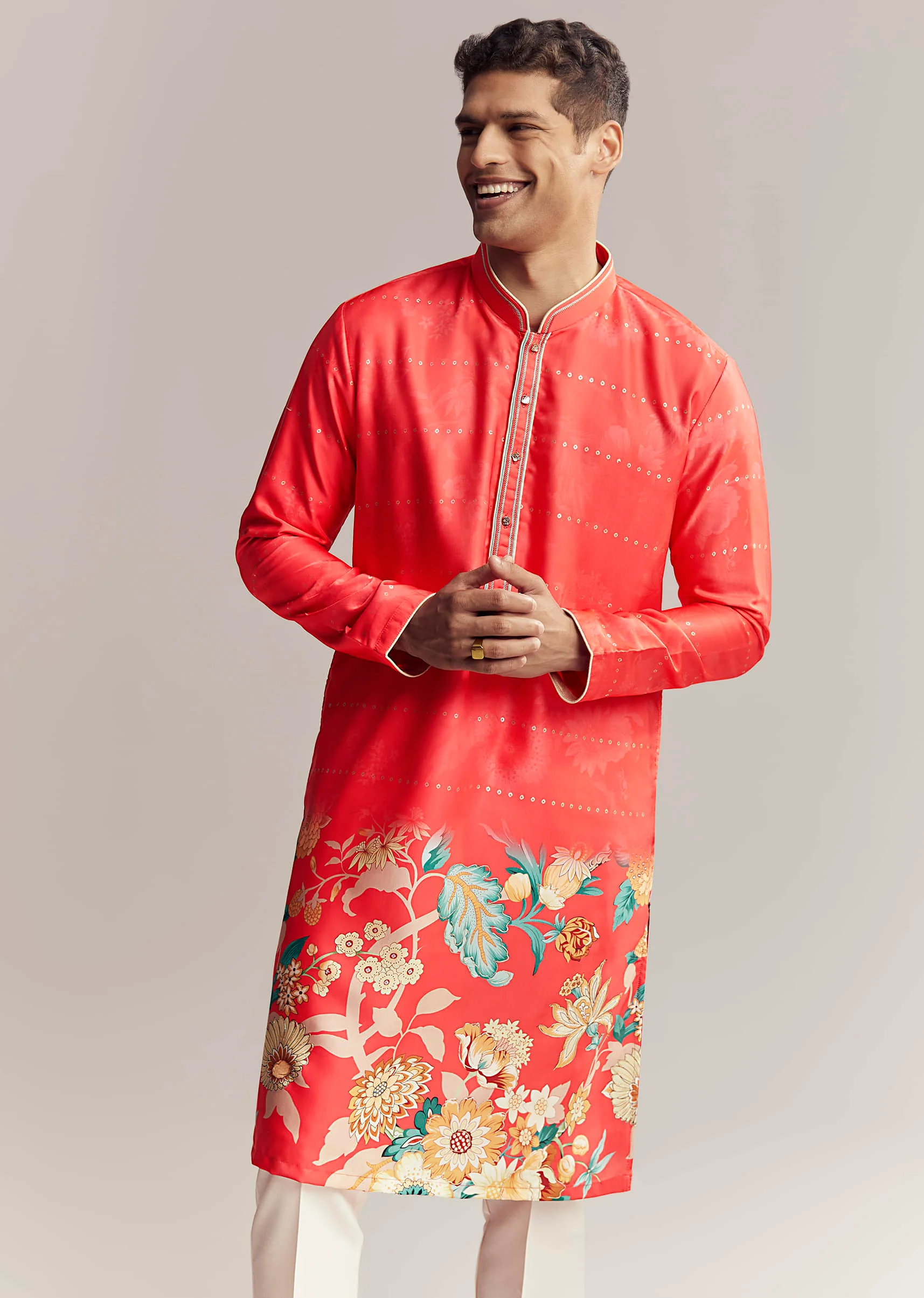 Red Silk Kurta Set For Men With Floral Print - Image 4