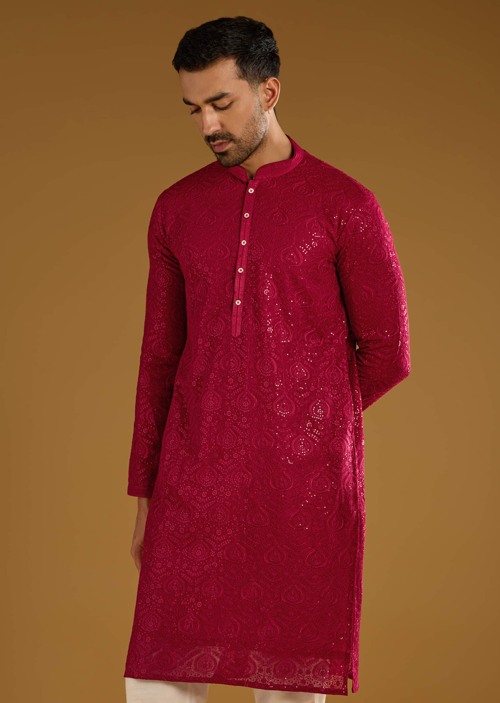 Red Silk Kurta Set For Men With Intricate Hand Embroidery - Image 4