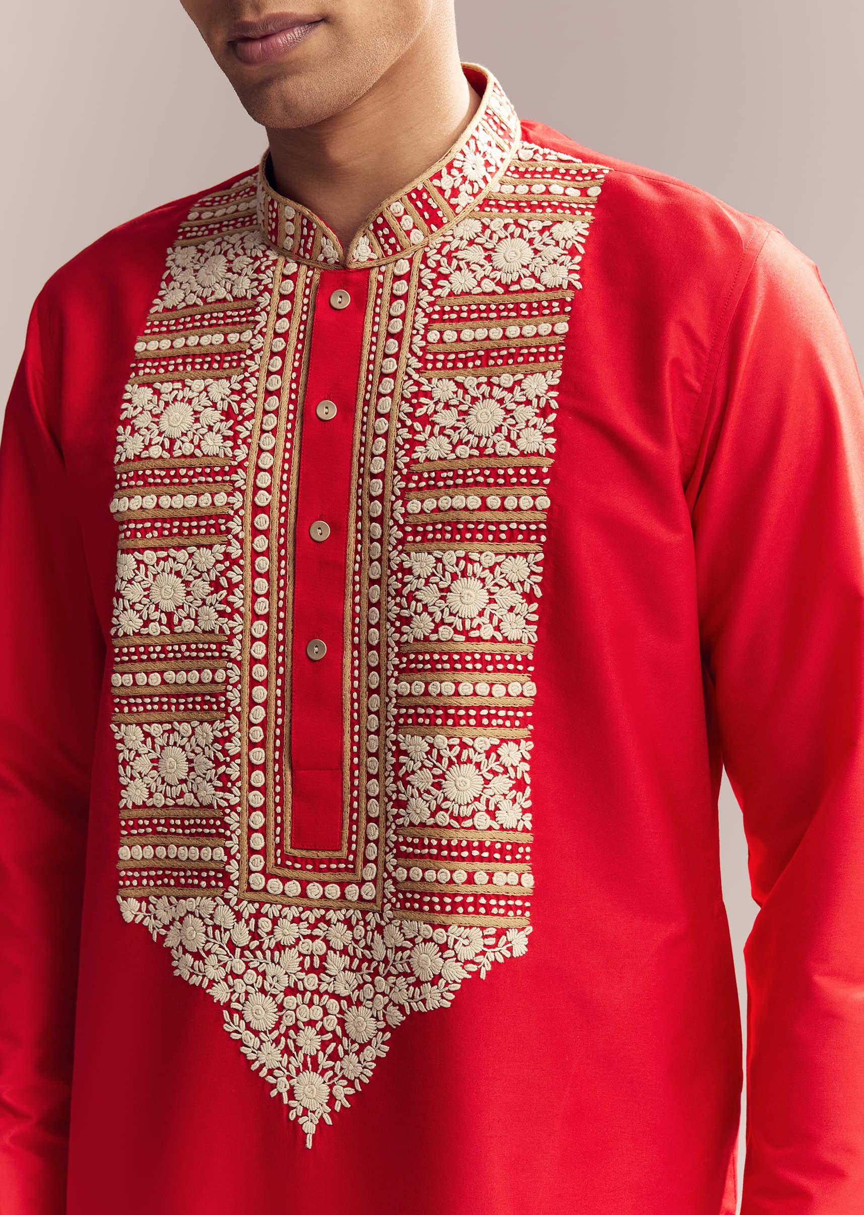 Red Silk Kurta Set For Men With Kashmiri Hand Work - Image 2