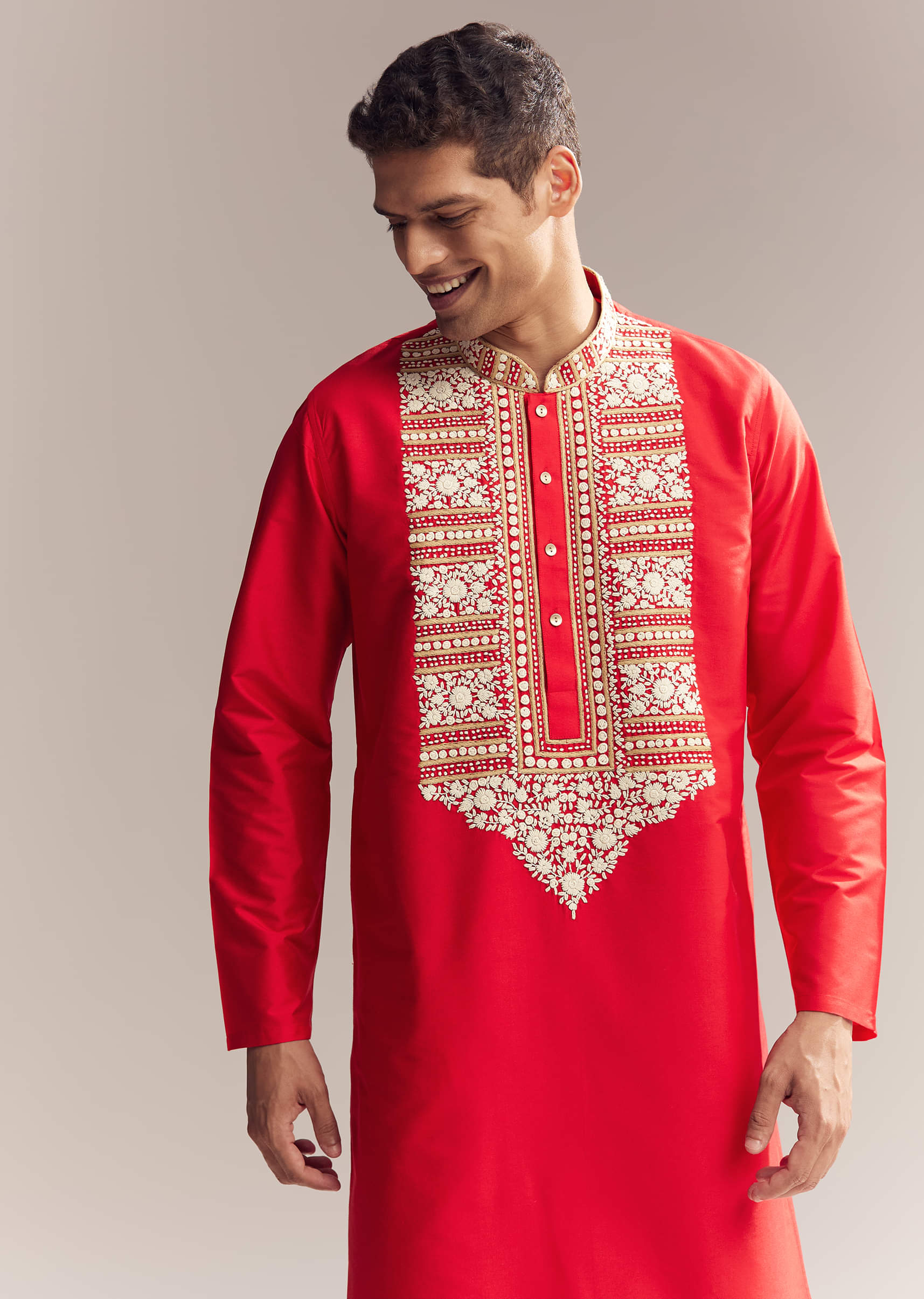Red Silk Kurta Set For Men With Kashmiri Hand Work - Image 4