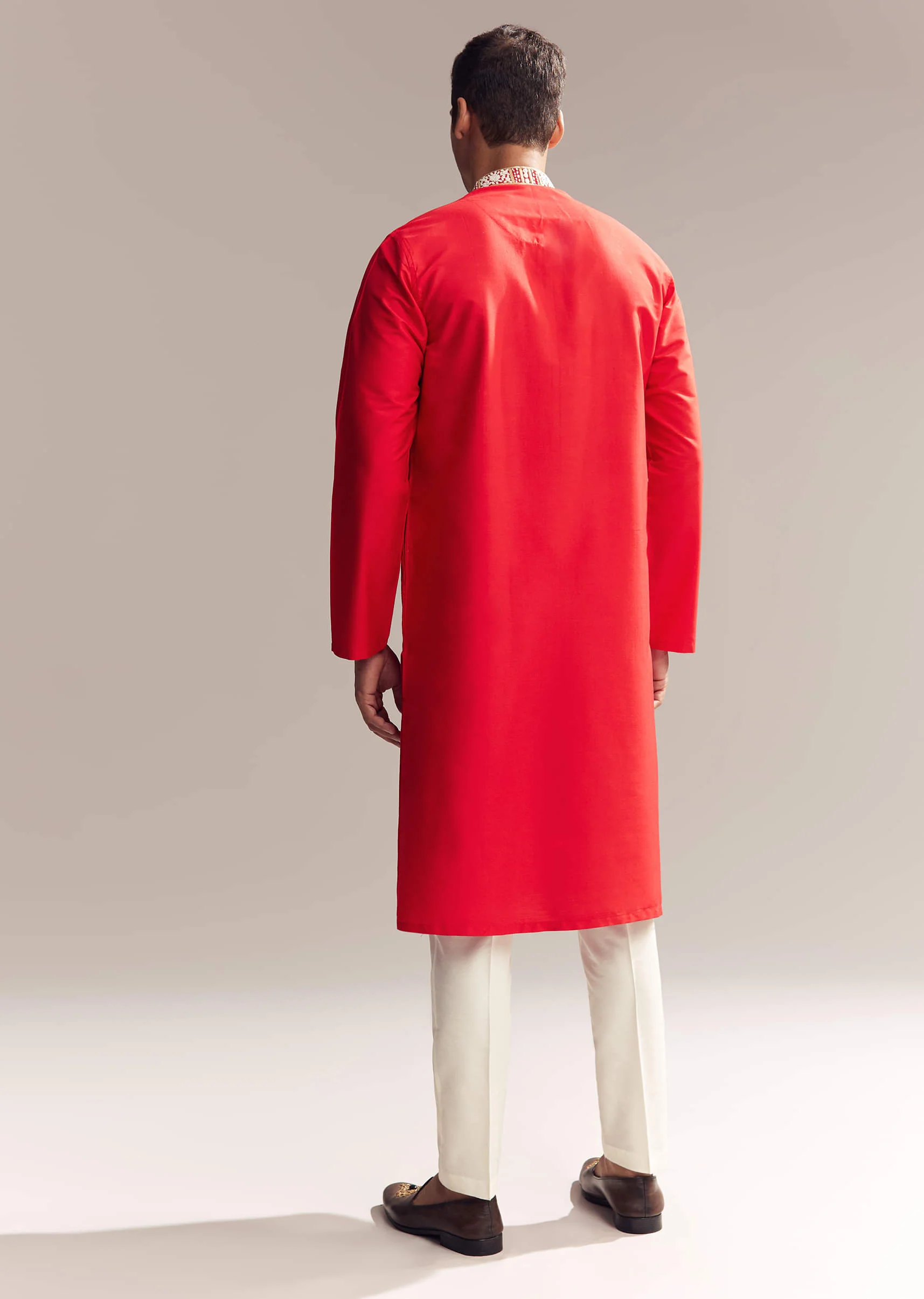 Red Silk Kurta Set For Men With Kashmiri Hand Work - Image 5