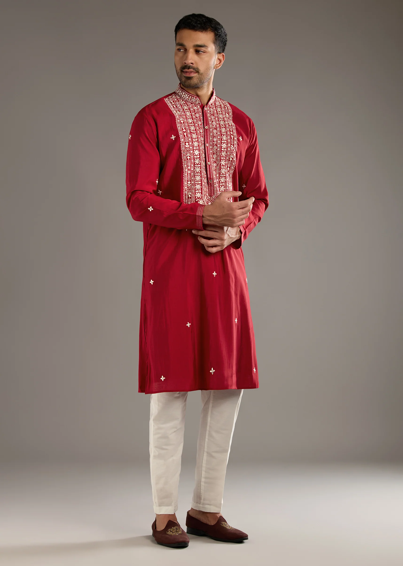 Red Silk Kurta Set For Men With Mirror And Thread Work - Image 3