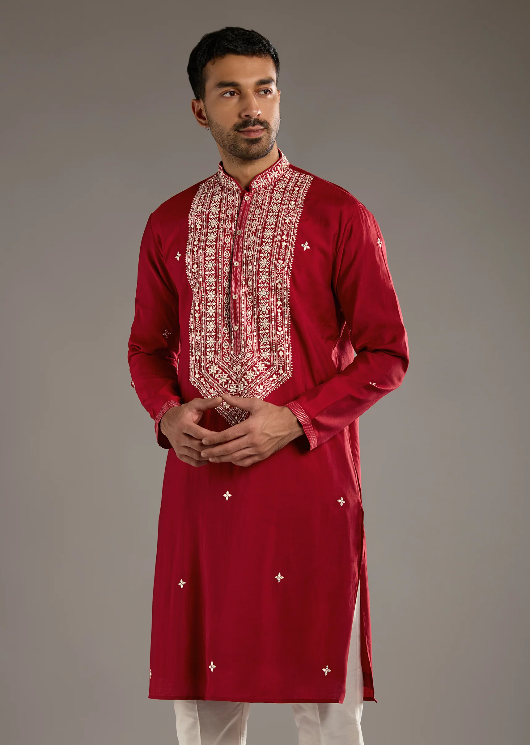 Red Silk Kurta Set For Men With Mirror And Thread Work - Image 4