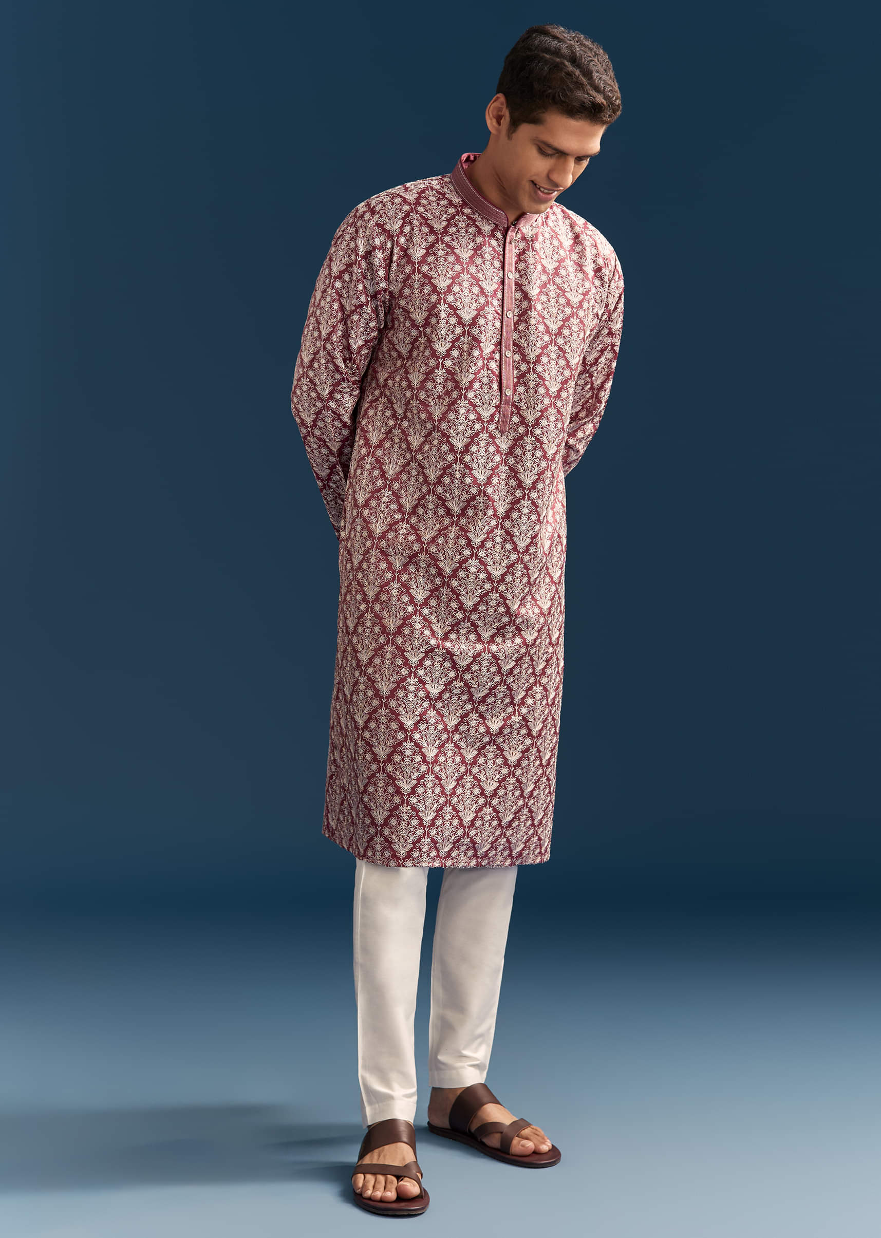 Red Silk Kurta Set For Men With Thread Embroidery - Image 3
