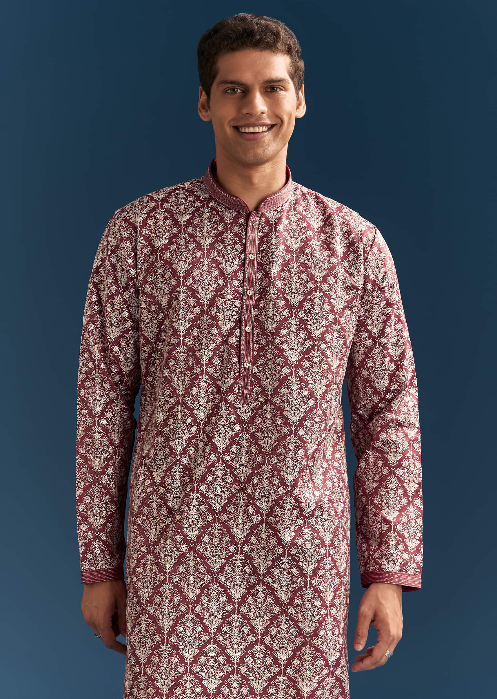 Red Silk Kurta Set For Men With Thread Embroidery - Image 4