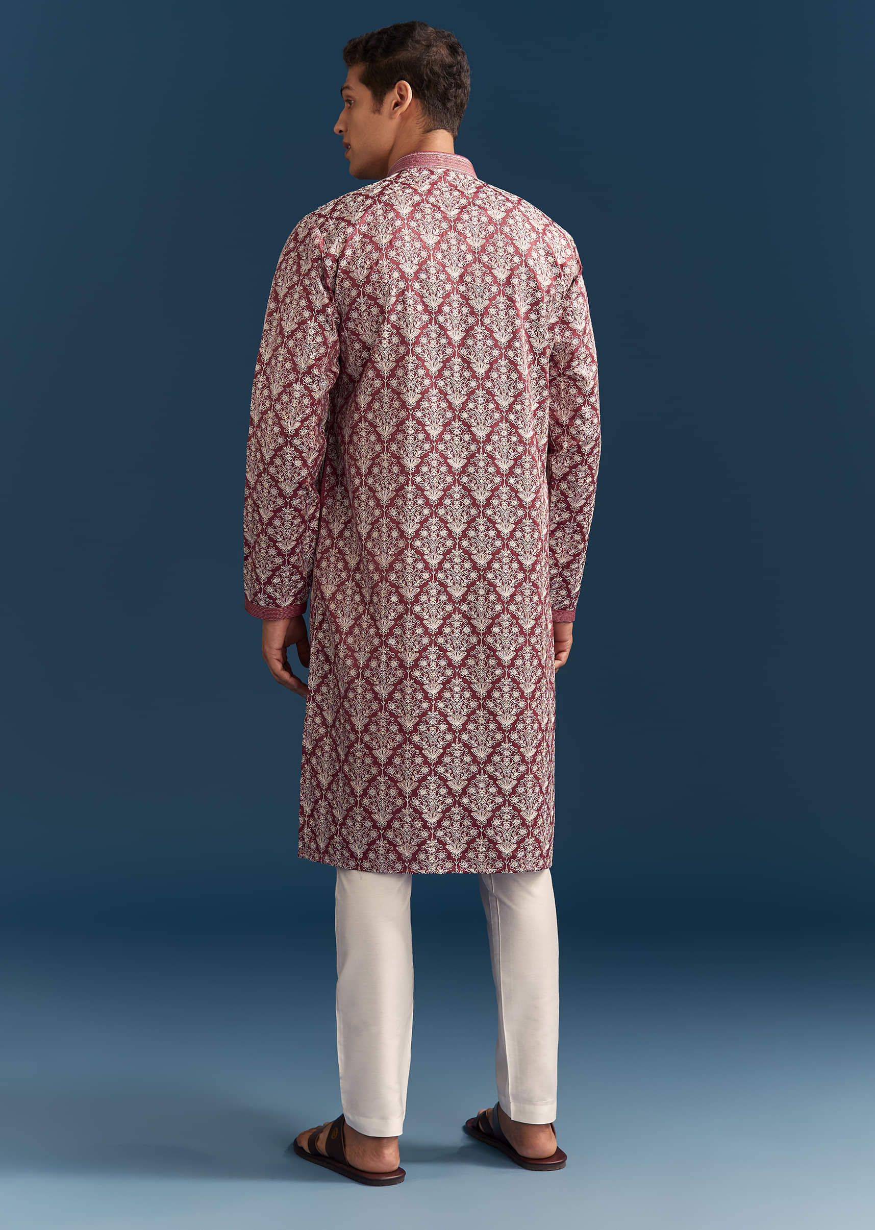 Red Silk Kurta Set For Men With Thread Embroidery - Image 5