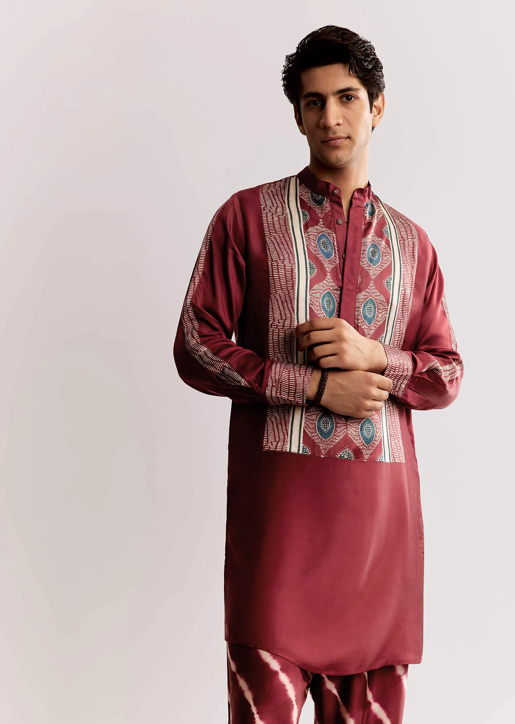 Red Silk Kurta Set With Ajrakh Print - Image 3