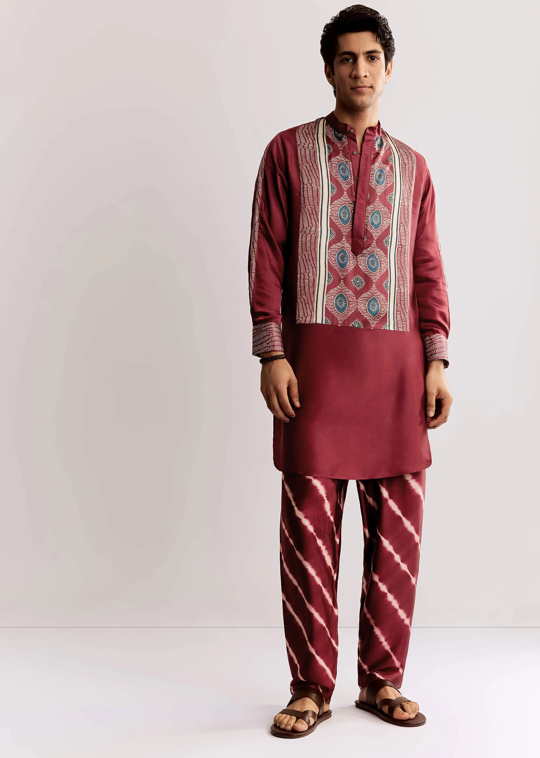 Red Silk Kurta Set With Ajrakh Print - Image 4