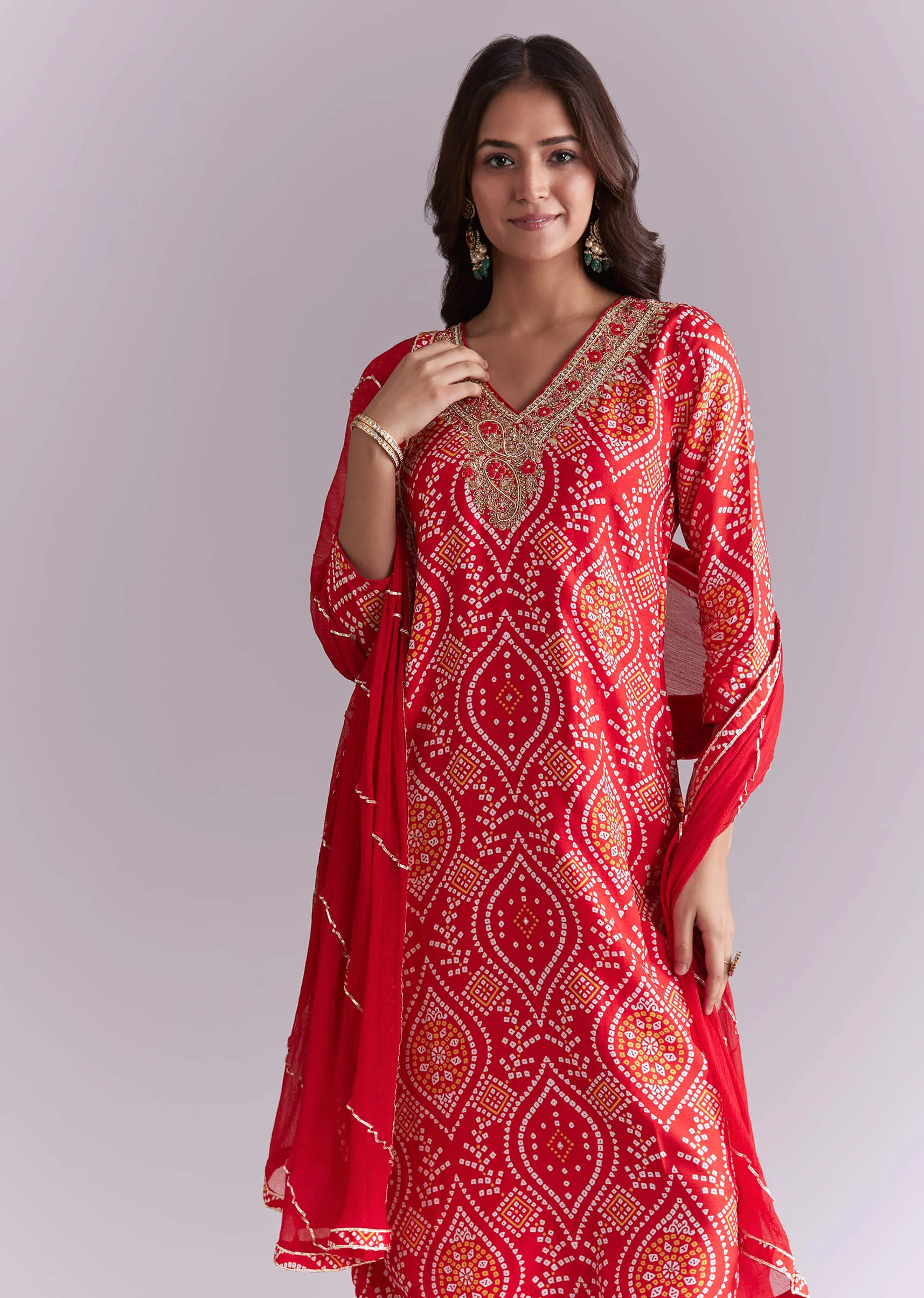 Red Silk Kurta Set With Bandhani Print And Embroidery - Image 4