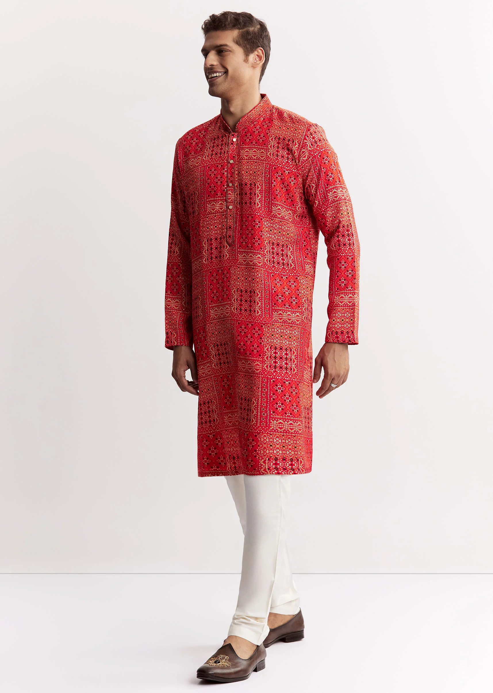 Red Silk Kurta Set With Mandarin Collar - Image 2