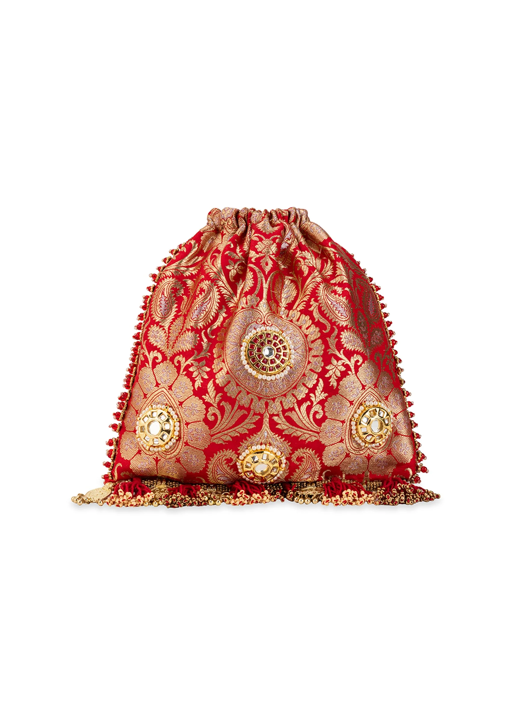 Red Silk Mirror Embellished Potli Bag - Image 3