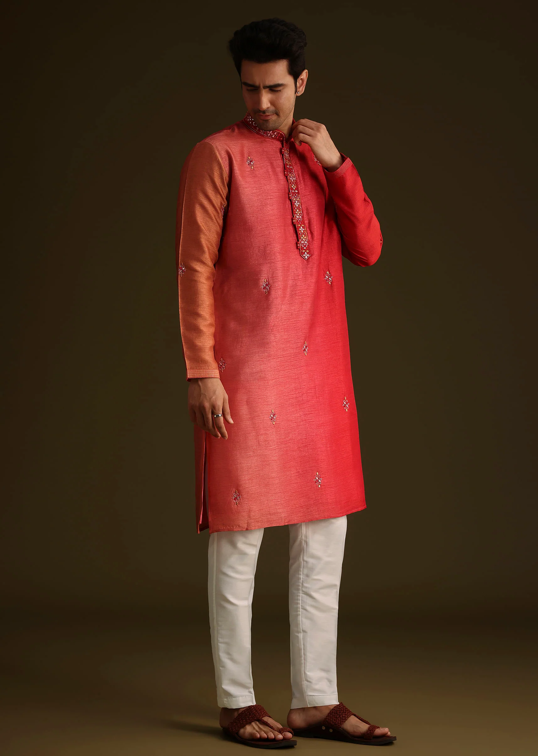 Red Silk Ombre Kurta Set - Image 4